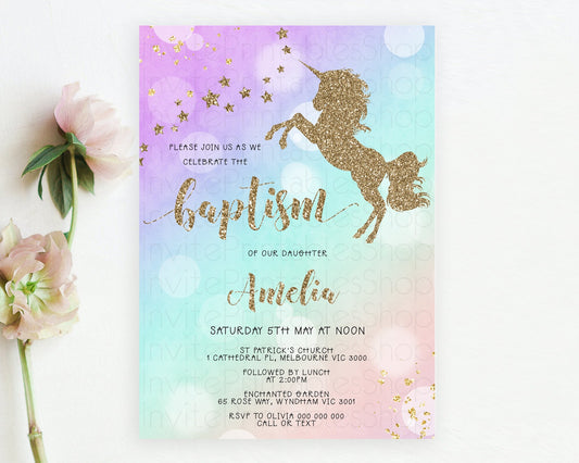 Editable Unicorn Rainbow Baptism Invitation Pastel Baptism Birthday Invitati
