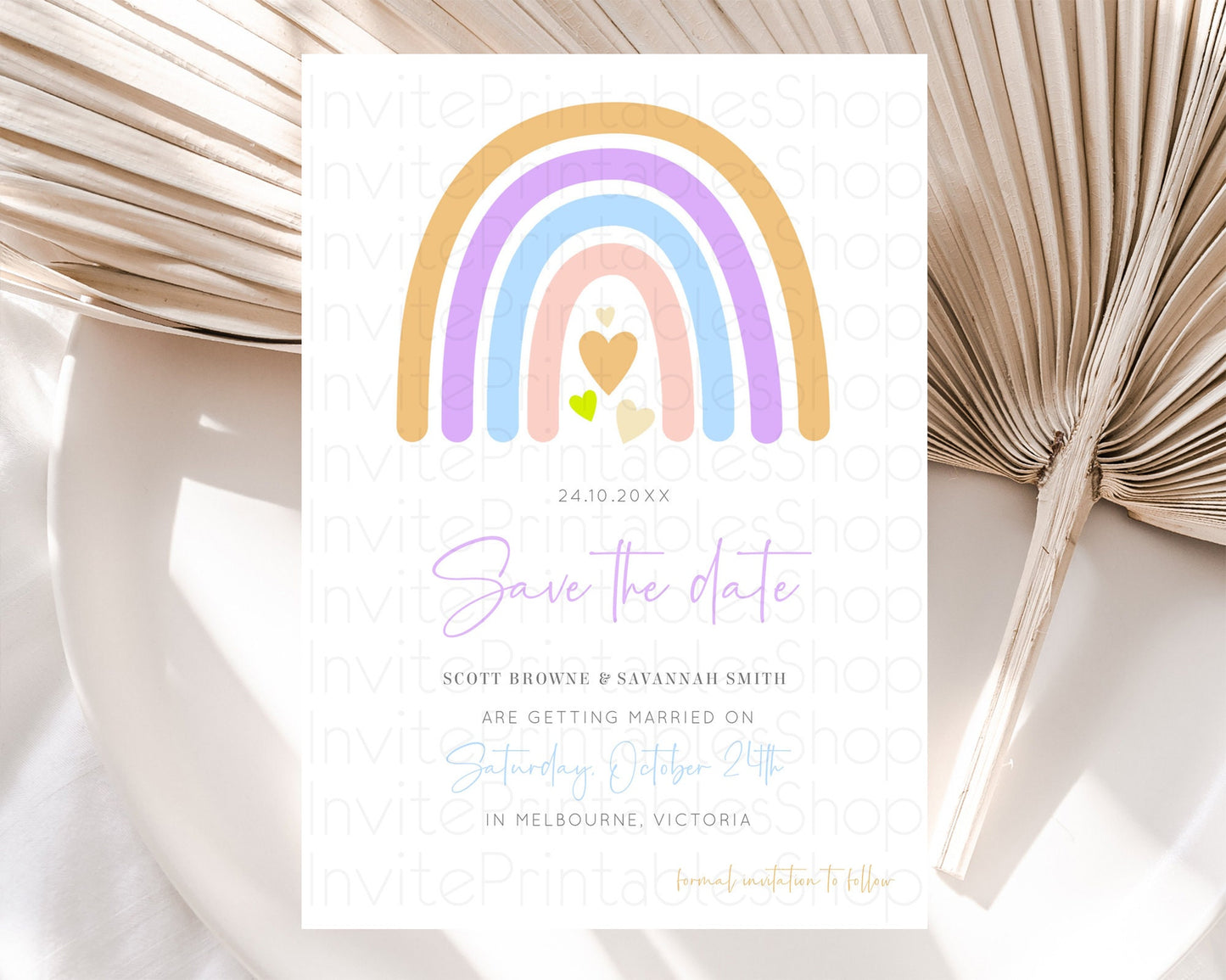 Pastel Rainbow Save The Date Template Boho Colorful Rainbow Party Rainbow Baby Theme For 1st Birthday Baptism Baby Shower Wedding D10238