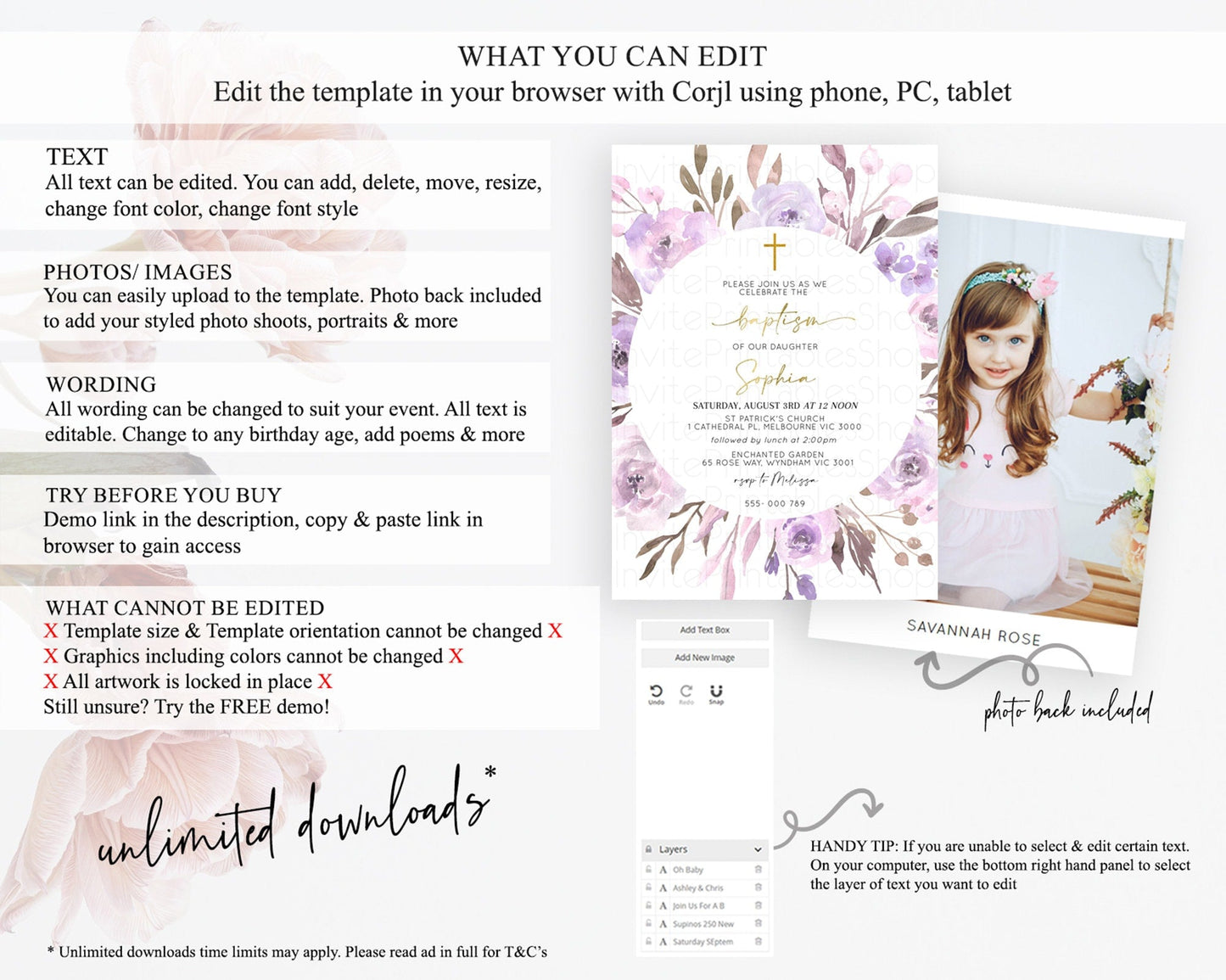 Secret Garden Baptism Invitation Wildflower Baptism Birthday Invite Pastel Flowers Christening Invite Enchanted Garden Boho Floral D10201