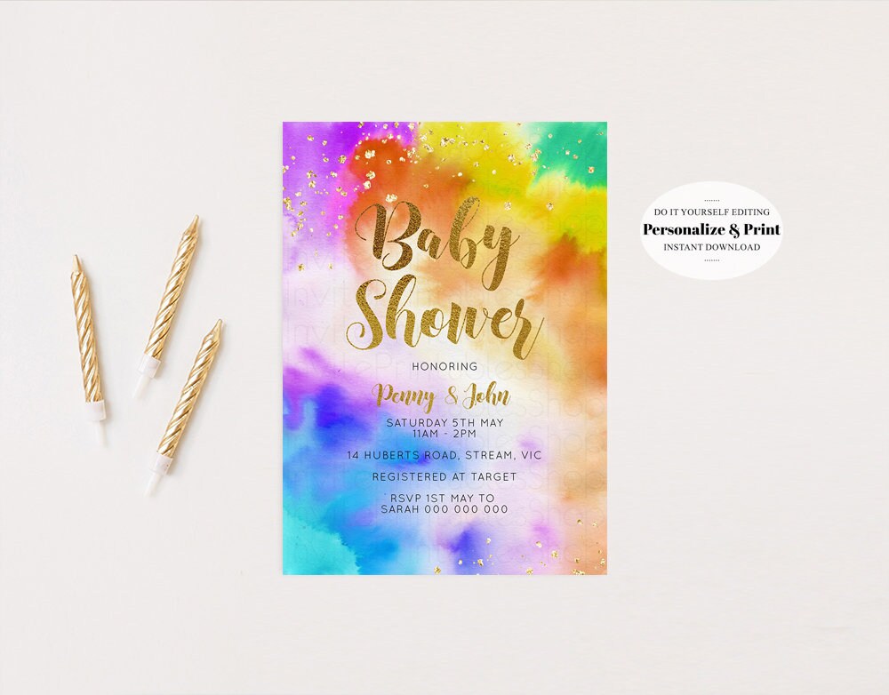 Rainbow Baby Shower Invitation Pastel Watercolor Invitation Tie dye Invite Gold Sprinkle Invite Gold Glitter Invite Confetti Invite 532