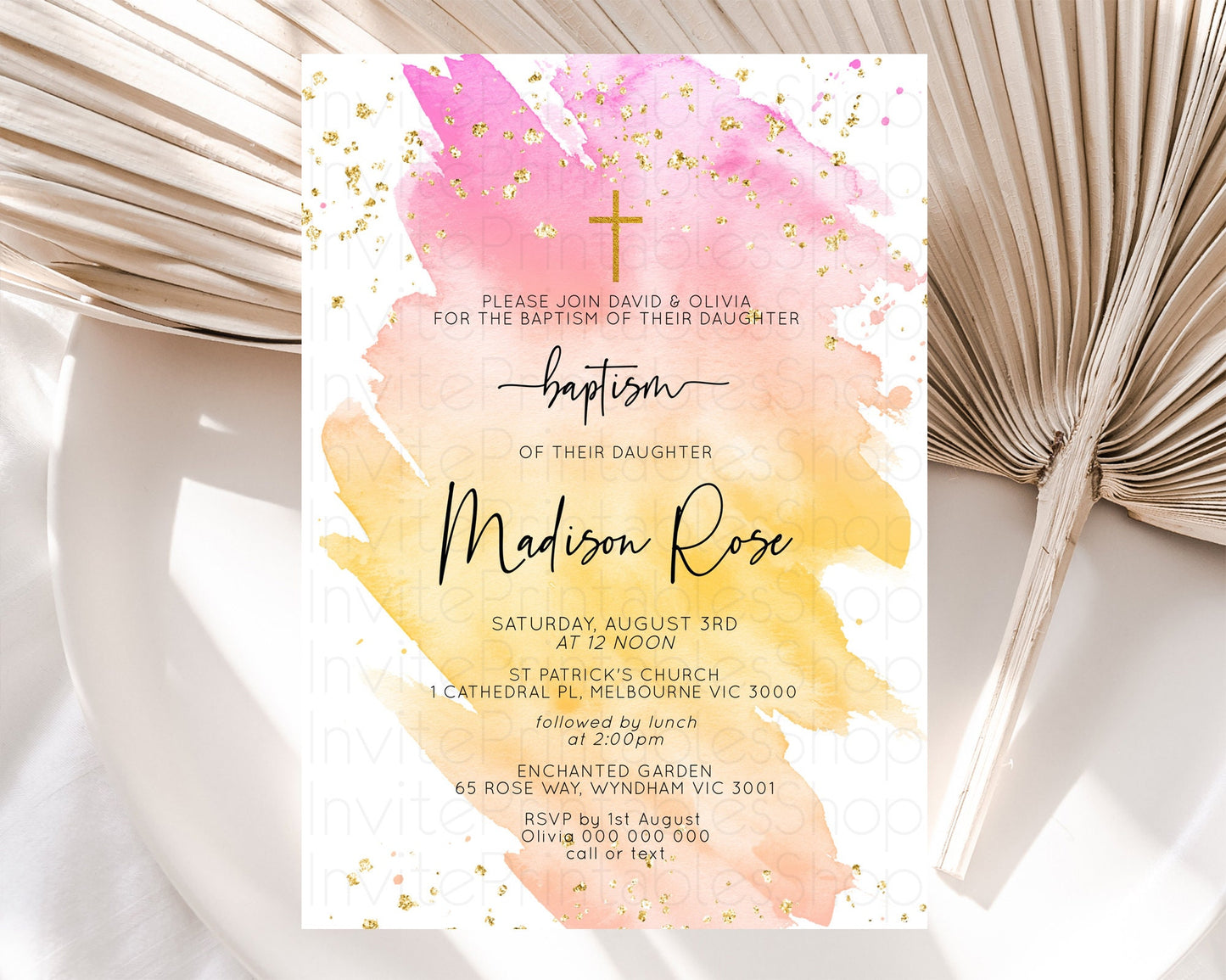 Pastel Baptism Invitation Pastel Colors Watercolor Baptism 1st Birthday Party Gold Ombre Pastel Rainbow Christening Holy Communion D10526