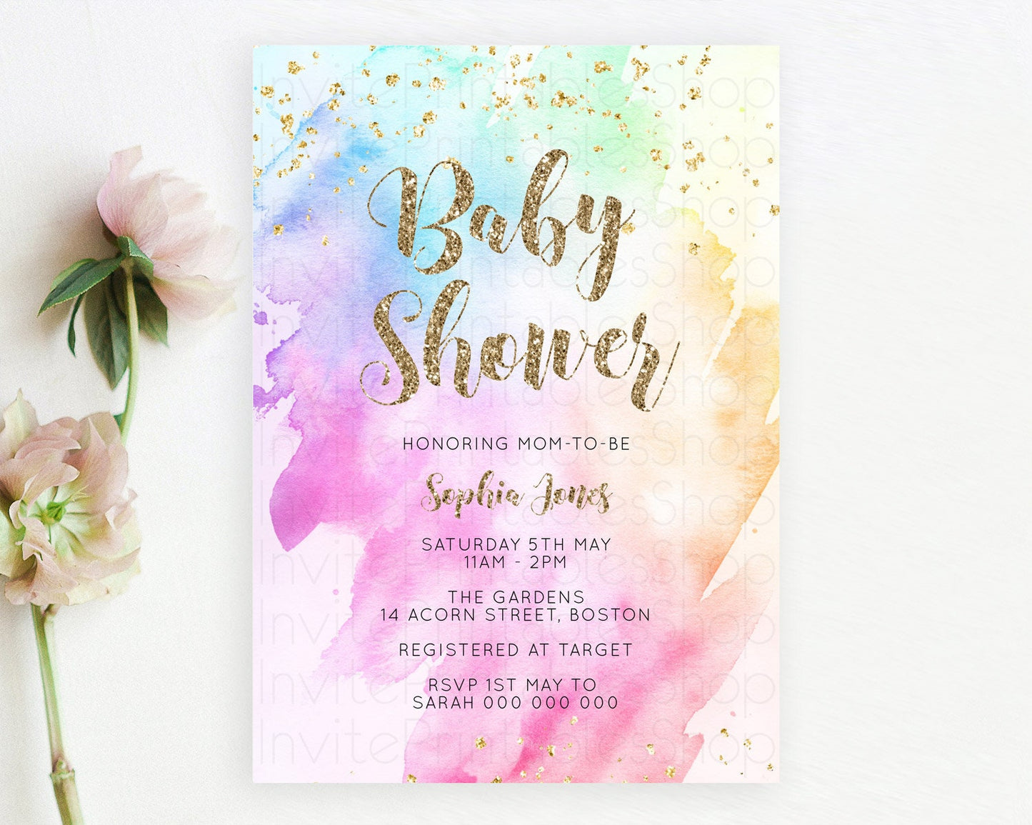 Pastel Rainbow Baby Shower Invitation, Colorful Watercolor Splash, Gold Glitter Confetti Sprinkles, Ombre Pink, Yellow, Green, Orange D10450