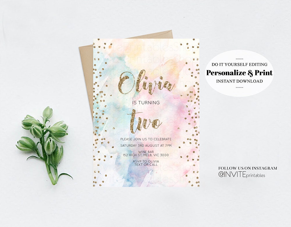 Rainbow Birthday Invitation Colorful Watercolor Gold Glitter Sprinkles Ombre Pastel Invitation 1st 2nd 3rd Printable Editable Invite 455