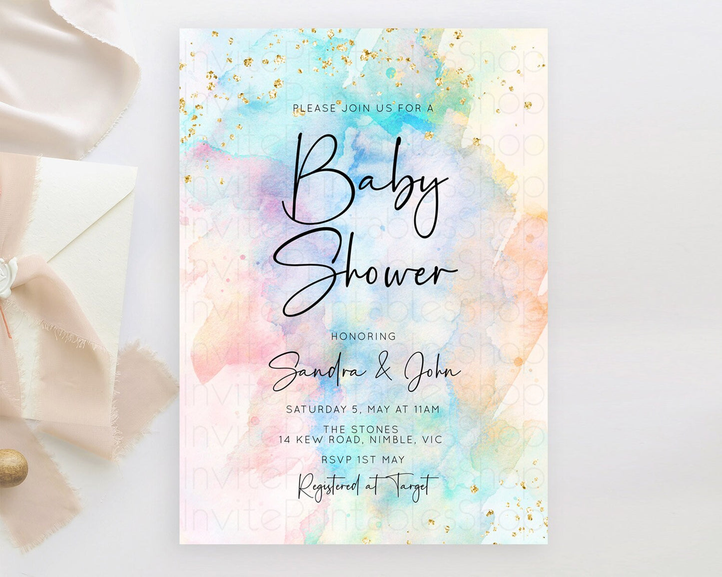 Pastel Baby Shower Invitation, Pastel Watercolor with Gold Glitter Sprinkles, Colorful Rainbow - Teal Orange Pink Ombre Splash D10266