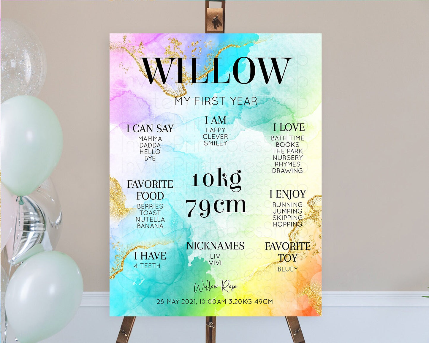 Pastel First Birthday Milestone Board Pastel Rainbow Milestone Poster Colorful Confetti Watercolor Glitter 1st Birthday Welcome Sign D10393