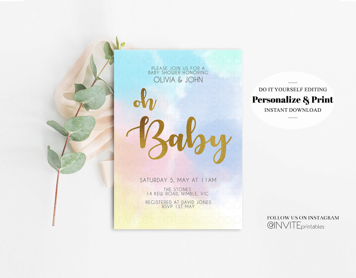 Rainbow Baby Shower Invitation Pastel Invitation Colorful Oh Baby Invite Watercolor Splash Gold Foil Glitter Ombre Pink Blue Yellow