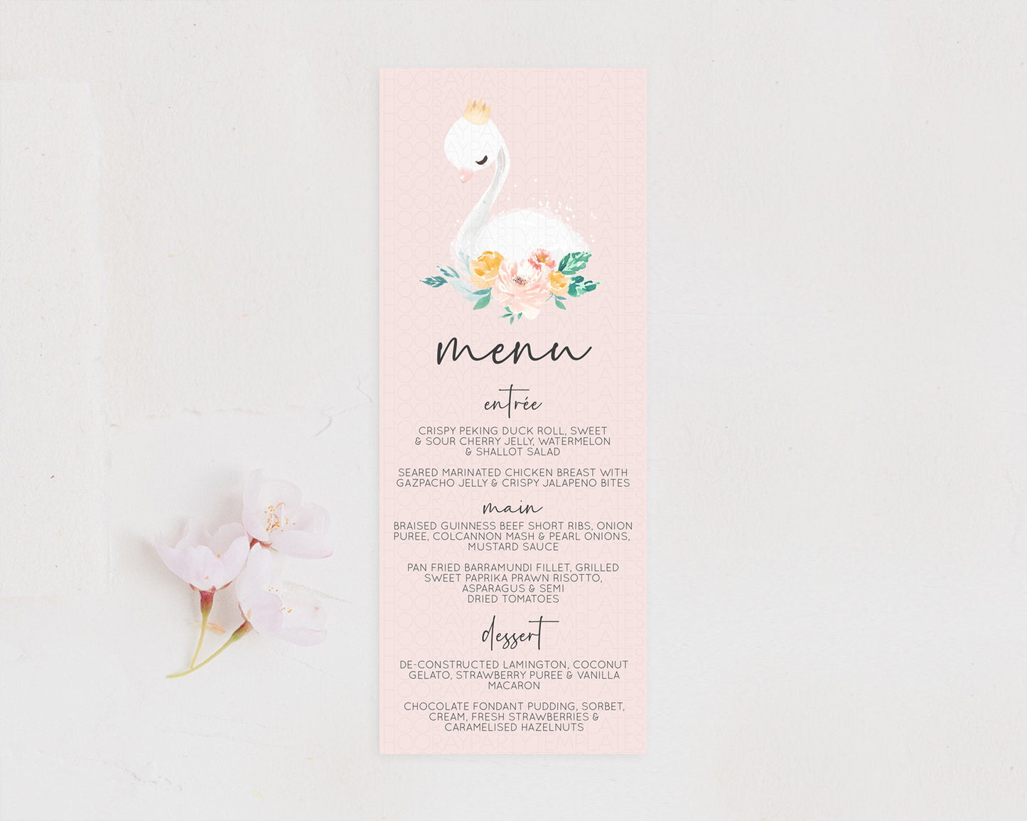 Swan Menu Swan Princess Ballet Menu Template Enchanted Swan Lake Table Decor Secret Garden Pastel Floral Dinner Dessert Food Menu  D10388