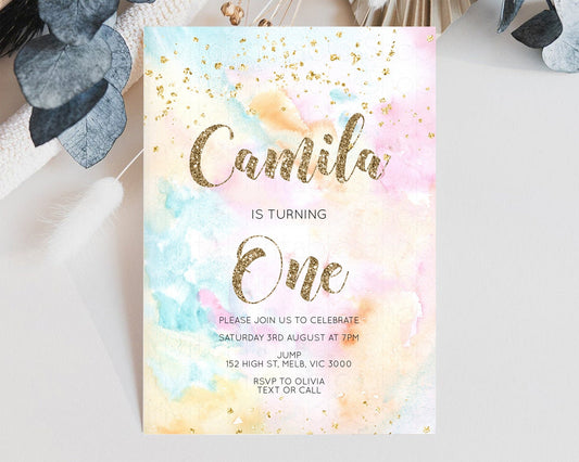 Rainbow Birthday Invitation Glitter Pastel Invitation Colorful Watercolor Gold Foil Splatter Sprinkles Ombre Glitter Invite 1st 2nd 3rd G566