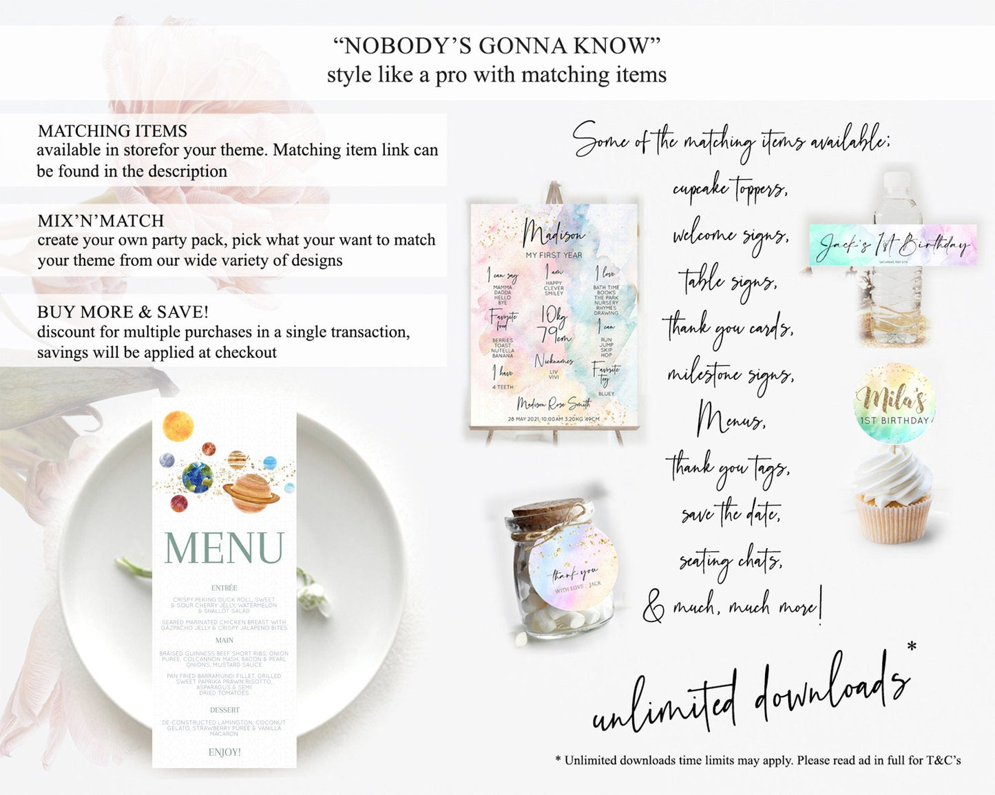 Space Menu Space Menu Template First Trip Around the Sun Table Decor Planets Solar System ONE year Food Menu Dinner Dessert Menu D10598