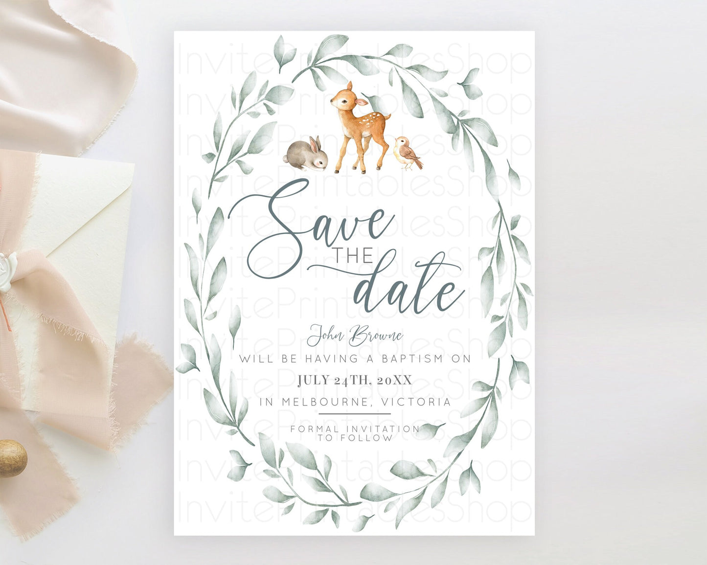 Fawn Deer Save The Date Template Pastel Floral Deer Enchanted Forest Butterfly Party 1st Birthday Baptism Baby Shower Bridal Shower D10872