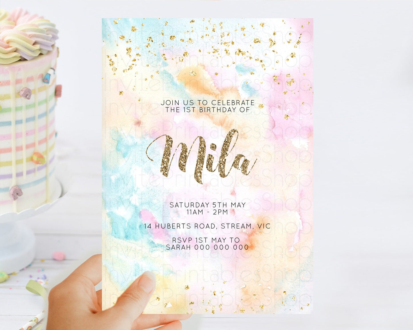 Rainbow Birthday Invitation Colorful Pastel Watercolor Invitation Gold Glitter Sprinkles Ombre Pastel 1st 2nd 3rd Birthday D10548