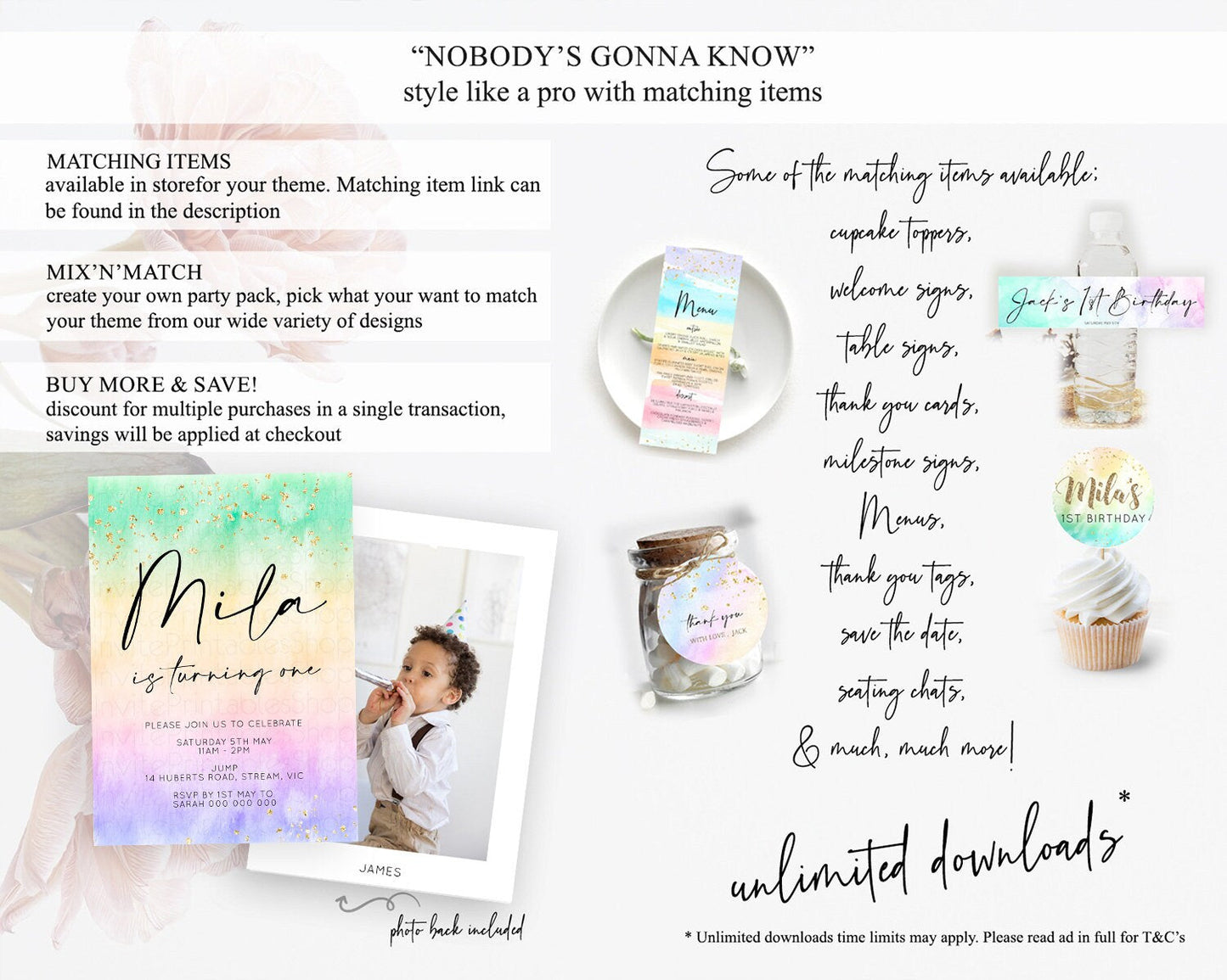Rainbow Birthday Invitation Colorful Pastel Watercolor Invitation Gold Glitter Sprinkles Ombre Pastel 1st 2nd 3rd Birthday D10481