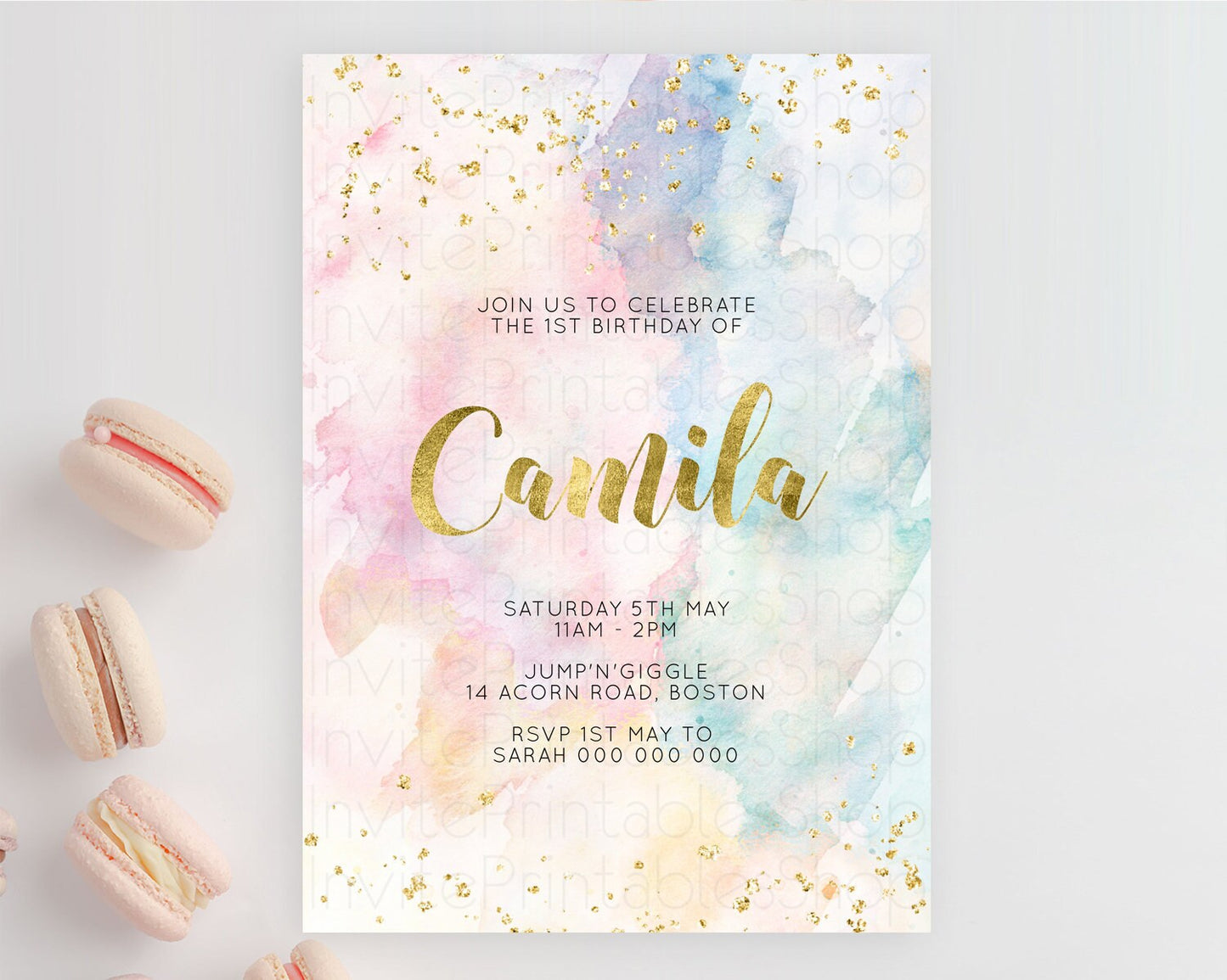 Rainbow Birthday Invitation Colorful Pastel Watercolor Invitation Gold Glitter Sprinkles Ombre Pastel 1st 2nd 3rd Birthday D10265