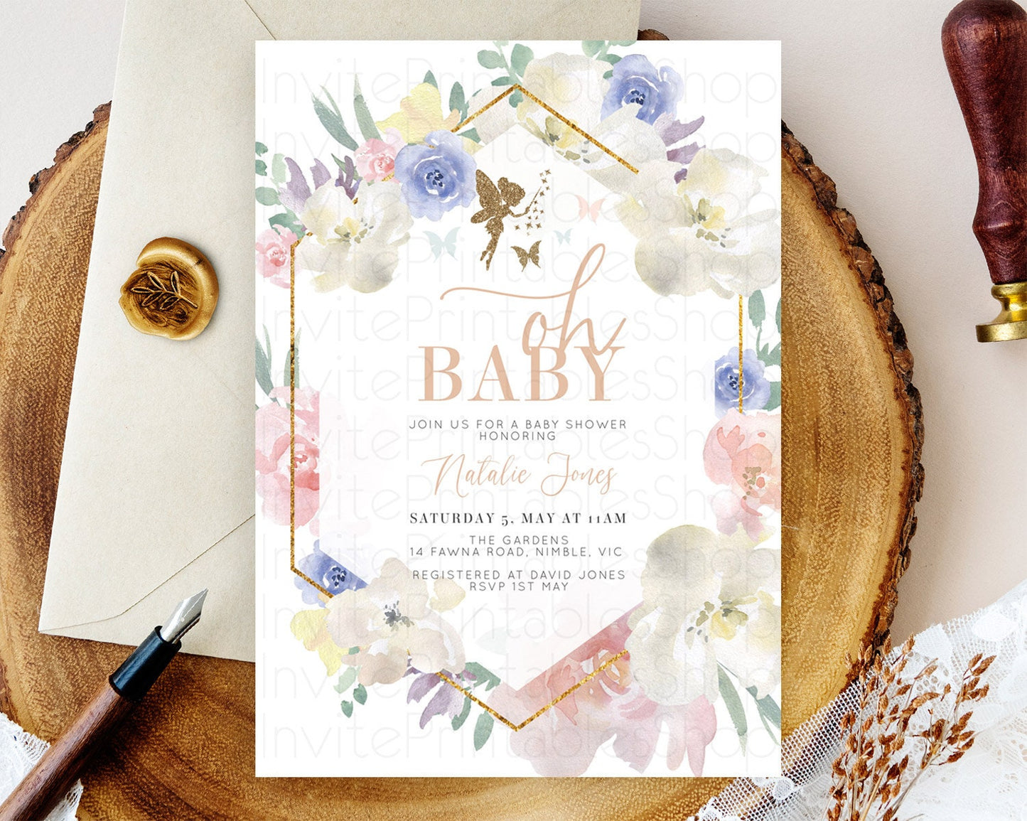 Fairy Baby Shower Invitation Pastel Fairy Invites Fairy Tea Party Fairy Garden Theme Secret Garden Enchanted Garden Floral Butterfly D10829