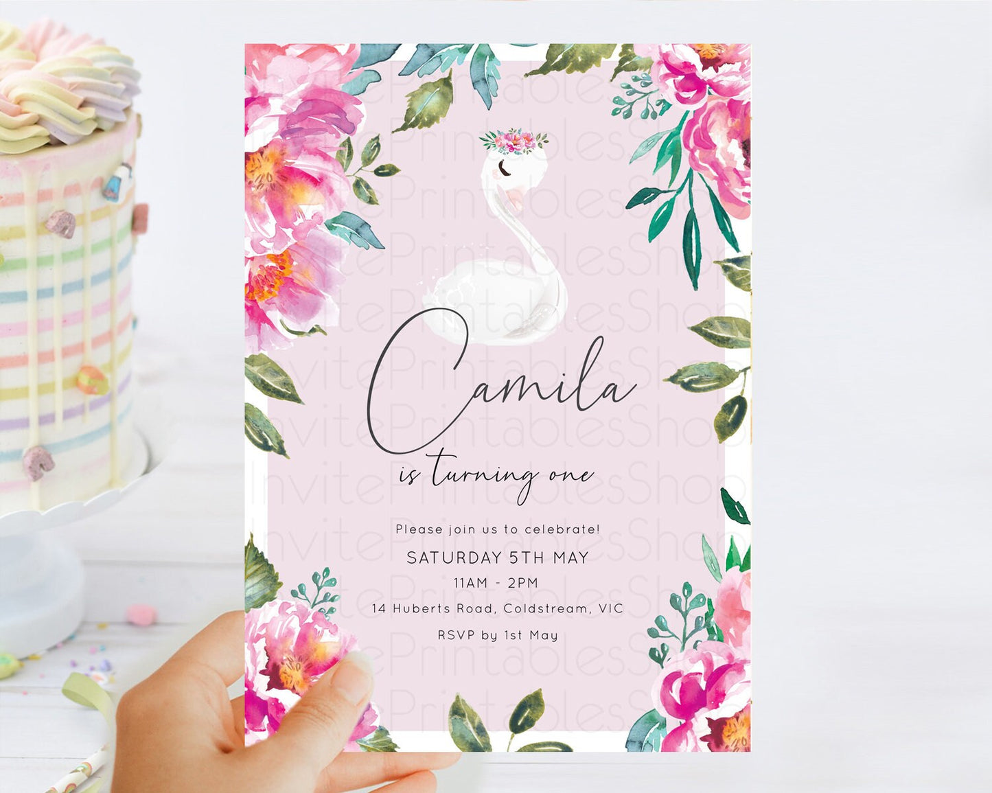 Swan Birthday Invitation Swan Princess Ballet Invitation Enchanted Forest Swan Lake Party Secret Garden Watercolour Pastel Floral D10757