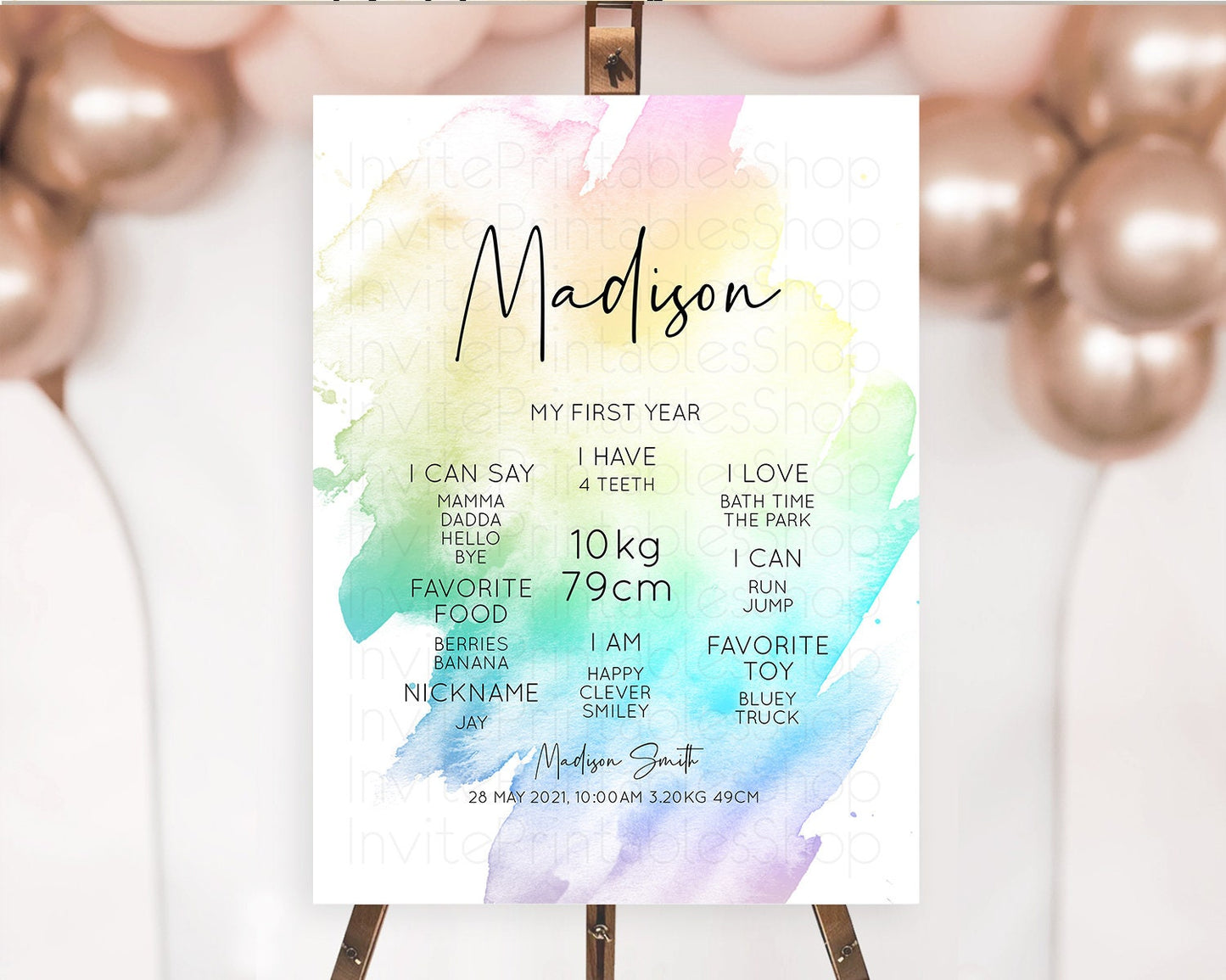 Pastel First Birthday Milestone Board Pastel Rainbow Milestone Poster Colorful Confetti Watercolor Glitter 1st Birthday Welcome Sign D10279