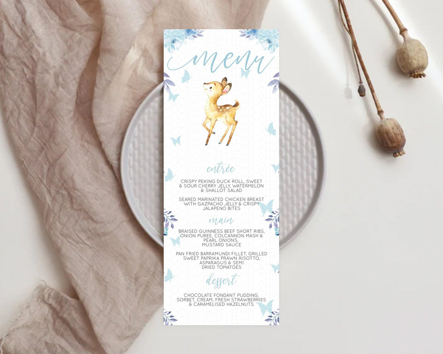 Fawn Menu Deer Menu Template Pastel Floral Deer Table Decor Enchanted Forest Butterfly Floral Dinner Dessert Menu Party Food Menu D10917