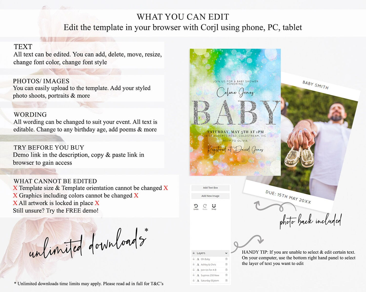 Colorful Baby Shower Invitation: Pastel Watercolor, Ombre Rainbow, Green, Orange, Blue, Silver Glitter, Iridescent Confetti Tie Dye D10692