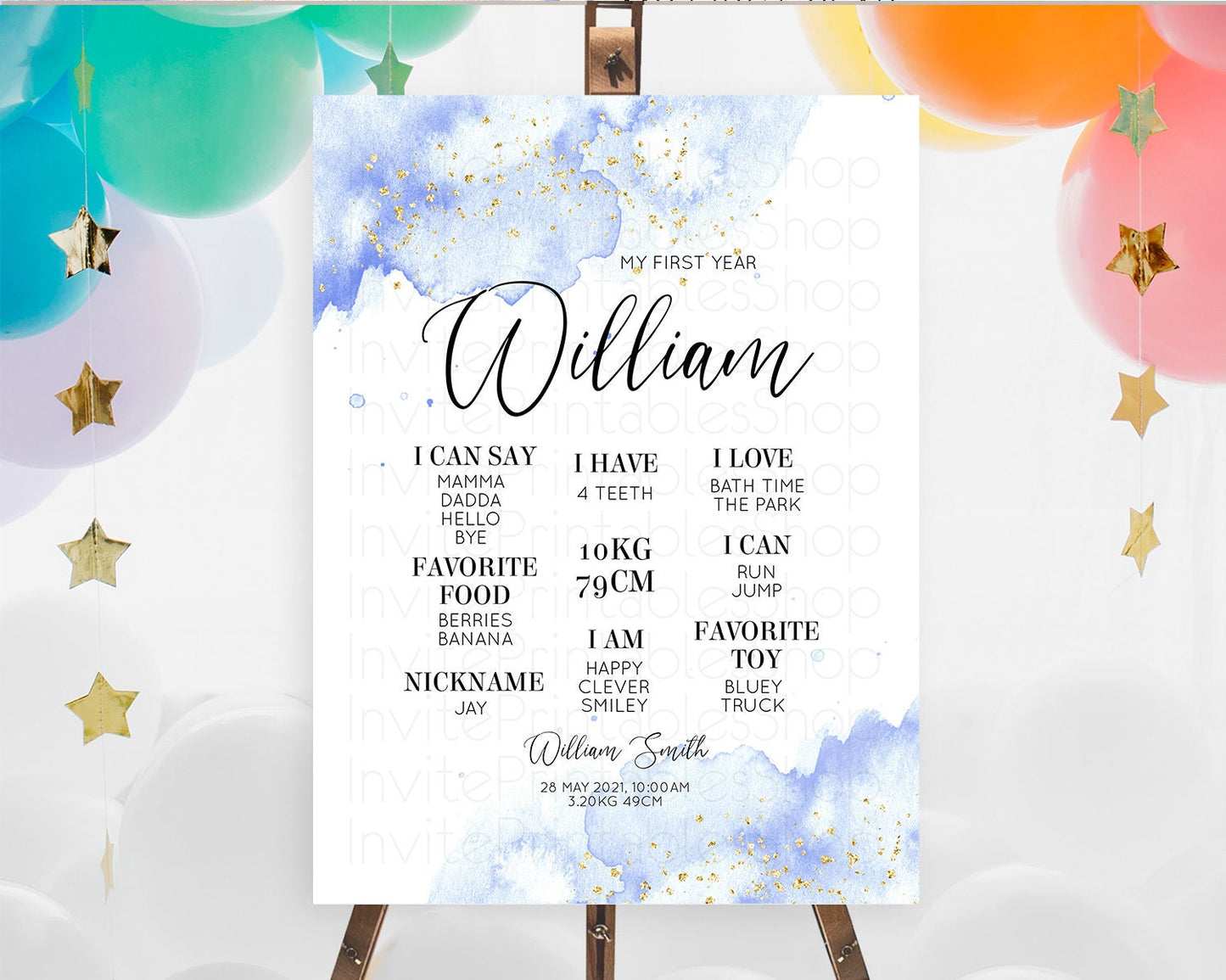 Blue First Birthday Milestone Poster Blue Watercolor Milestone Board Pastel Blue Watercolor Splash Milestone Board 1st Birthday Sign D10313