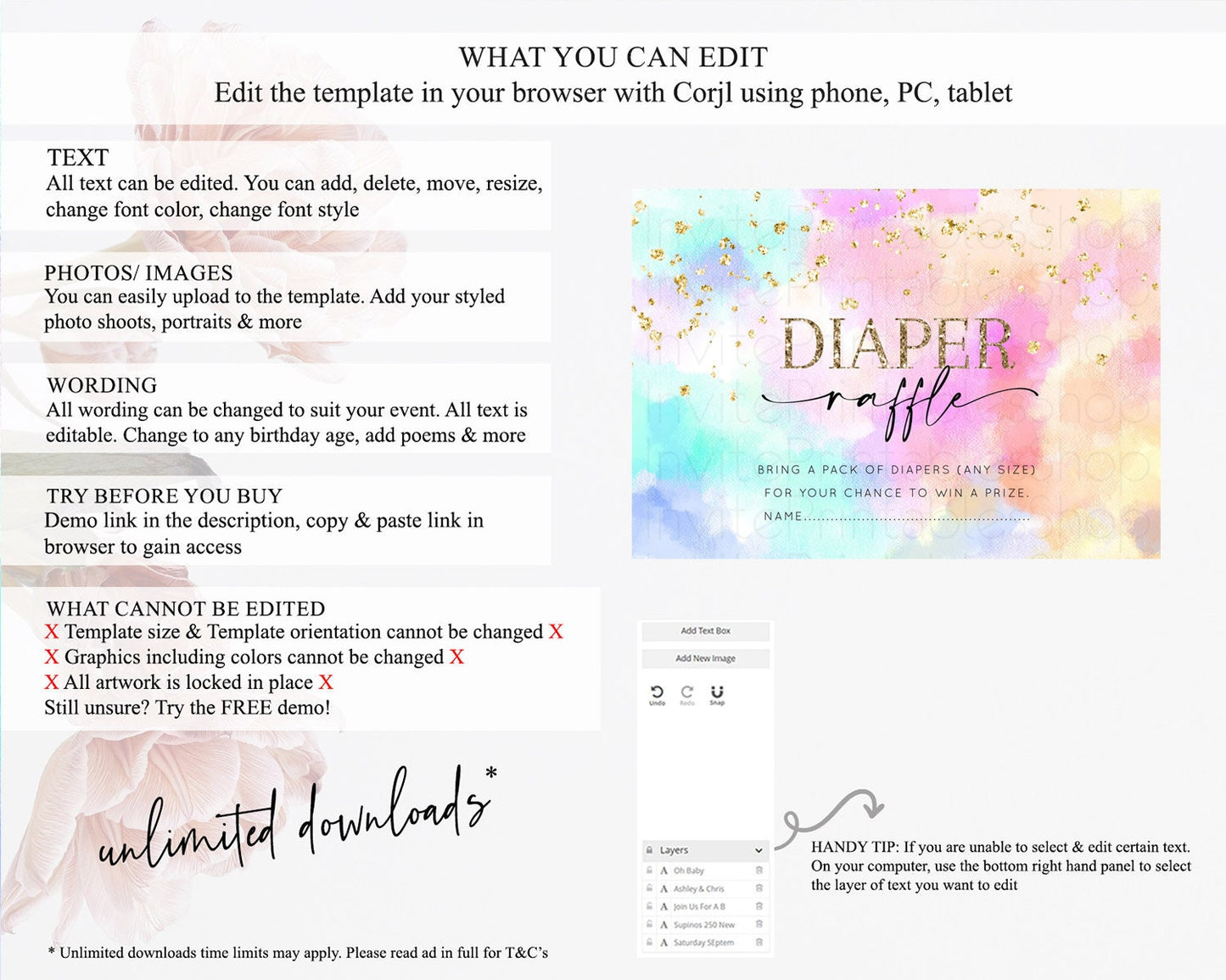 Pastel Diaper Raffle Card Pastel Rainbow Diaper Raffle Insert Colorful Ombre Watercolor Diaper Ticket Confetti Glitter Raffle Game D10667