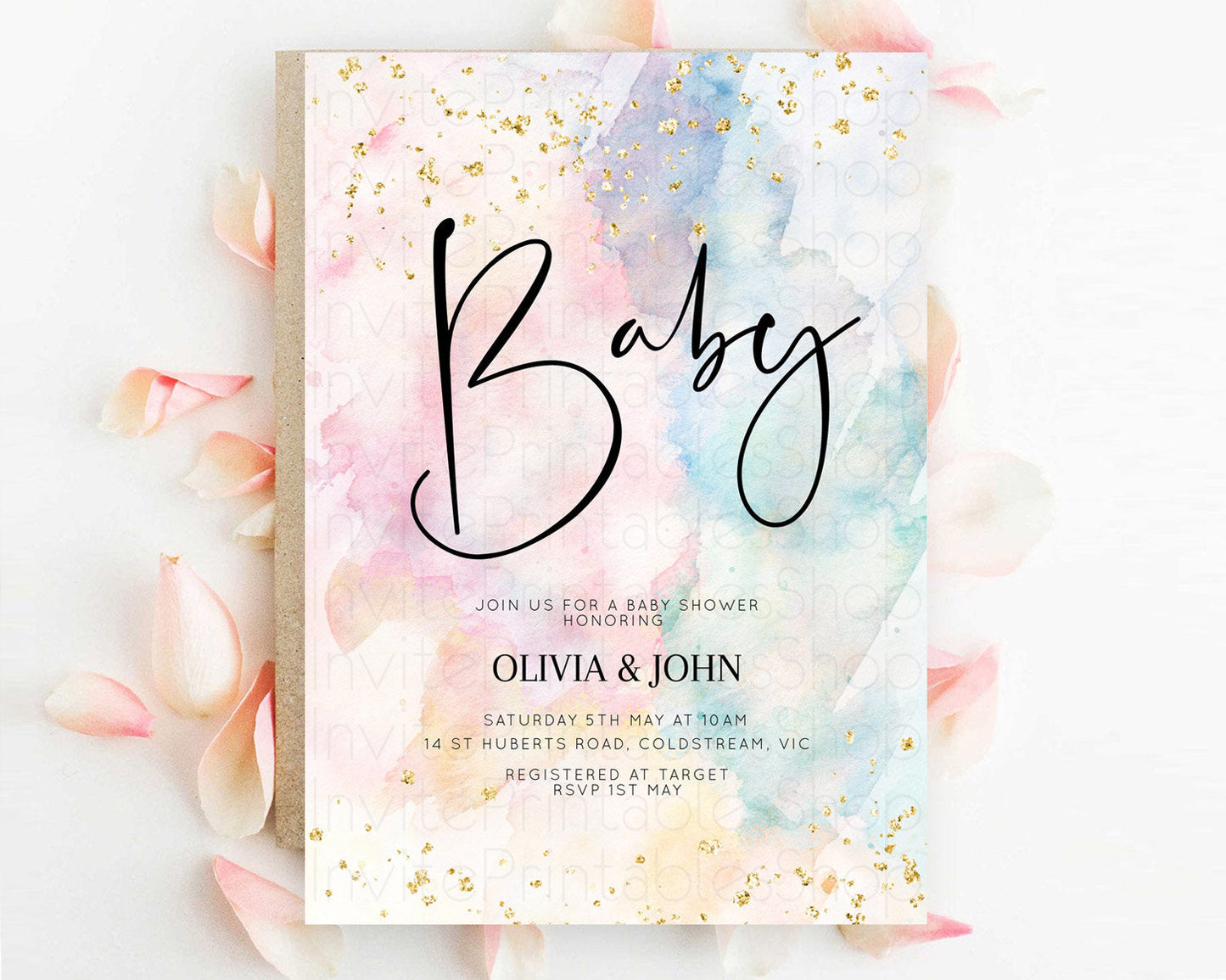 Pastel Rainbow Baby Shower Invitation, Colorful Watercolor, Gold Glitter Sprinkles, Pastel Ombre Splash in Pink, Blue, and Yellow D10263