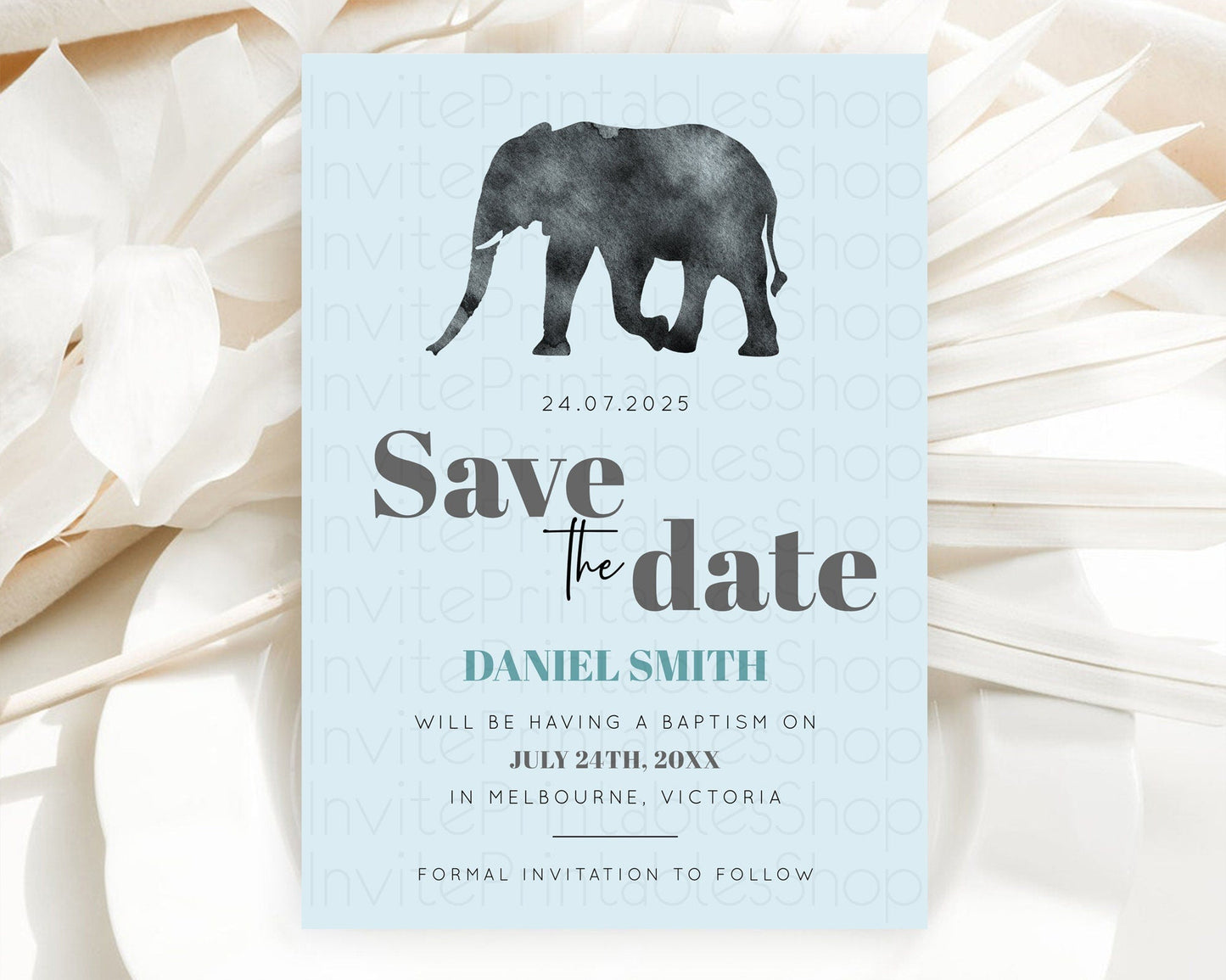 Elephant Save The Date Template Elephant Safari Adventure Party Dried Palm Fern Zoo 1st Birthday Baptism Baby Shower Bridal Shower D10802
