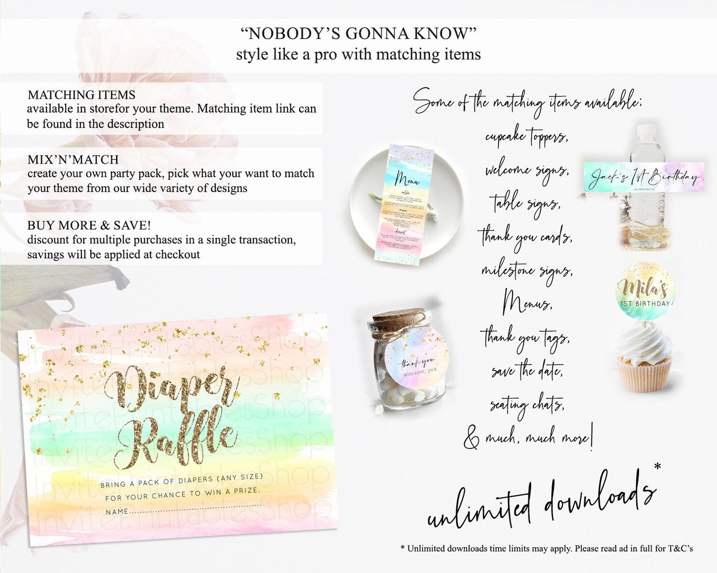 Pastel Diaper Raffle Card Pastel Rainbow Diaper Raffle Insert Colorful Ombre Watercolor Diaper Ticket Confetti Glitter Raffle Game D10592