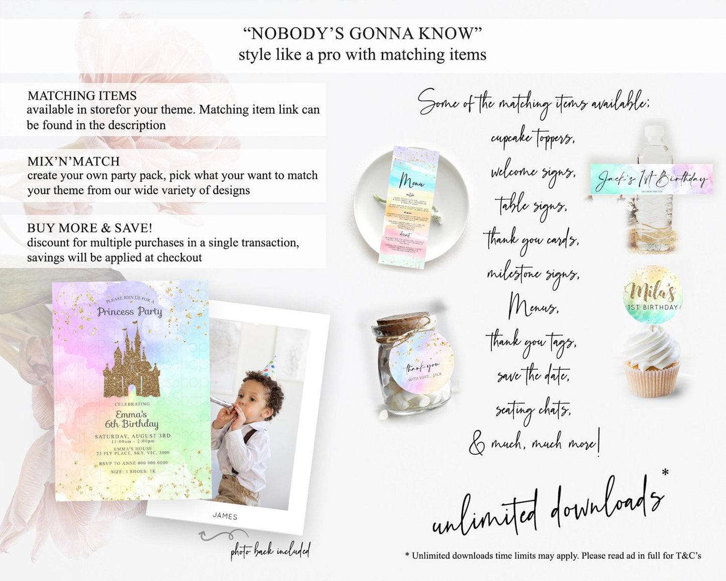 Princess Birthday Invitation Princess Invitation Pastel Invitation Royal Birthday Rainbow Color Enchanted Castle 1st First Birthday D10703