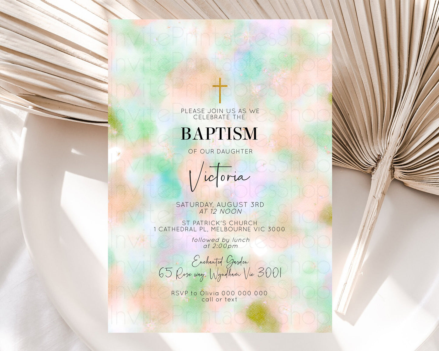 Pastel Baptism Invitation Pastel Colors Watercolor Baptism 1st Birthday Party Gold Ombre Pastel Rainbow Christening Holy Communion D10693