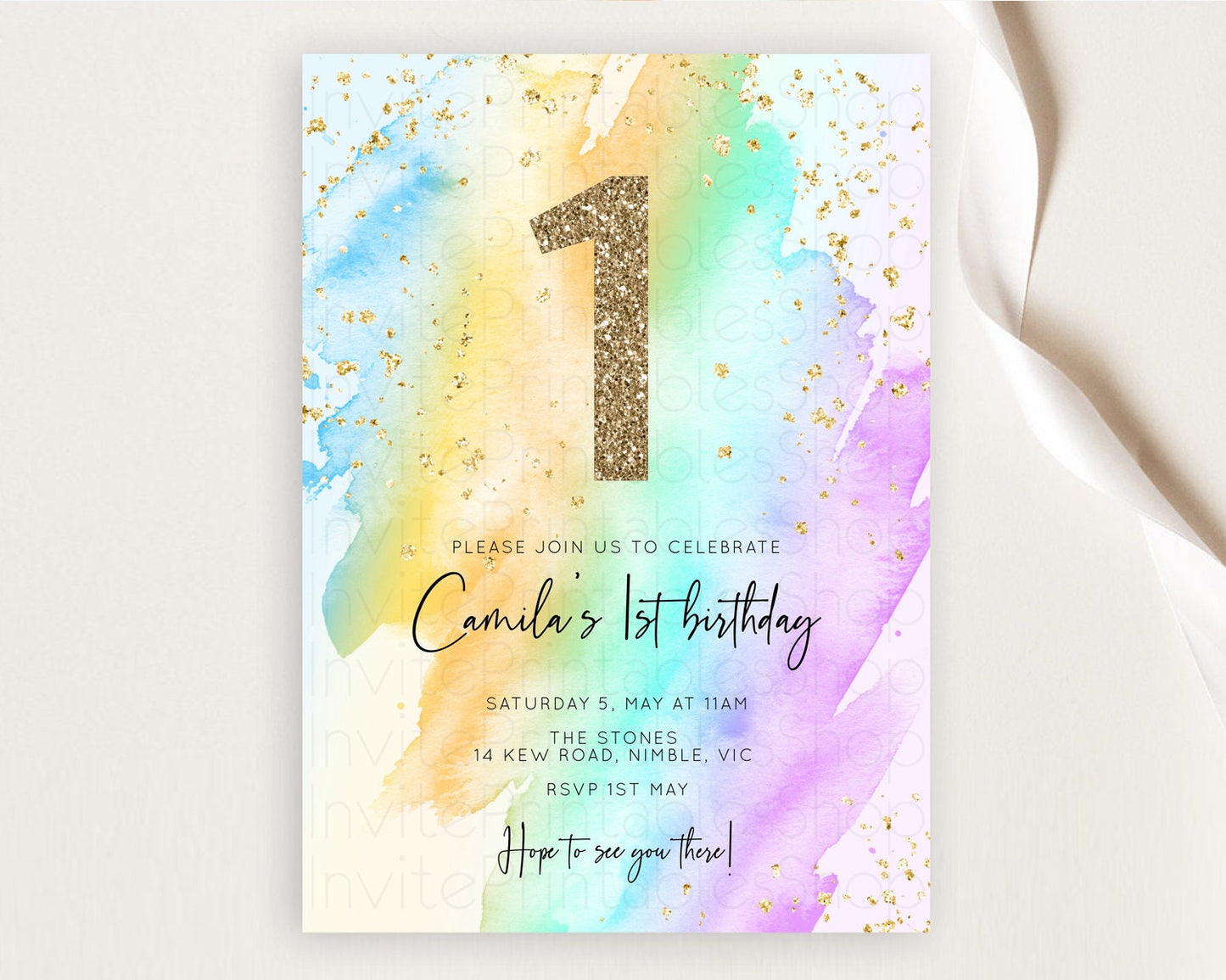 Rainbow Birthday Invitation Colorful Pastel Watercolor Invitation Gold Glitter Sprinkles Ombre Pastel 1st 2nd 3rd Birthday D10425