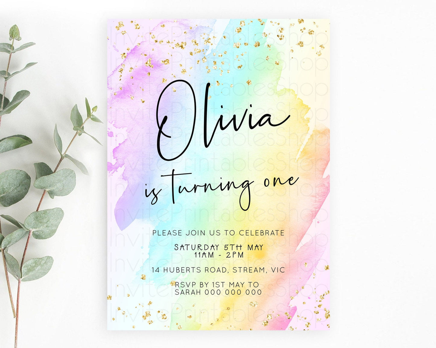 Pastel Birthday Invitation Ombre Watercolor Birthday Invitation Glitter Rainbow Color Splash 1st 2nd 3rd Birthday Invitation D23055