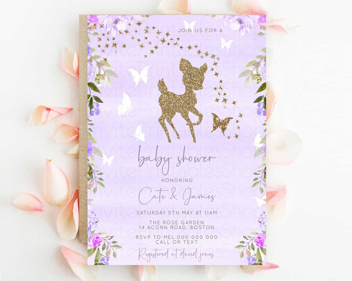 Fawn Baby Shower Invitation Deer Baby Shower Invites Enchanted Forest Theme Butterfly Pastel Flowers Whimsical Baby Shower D10963