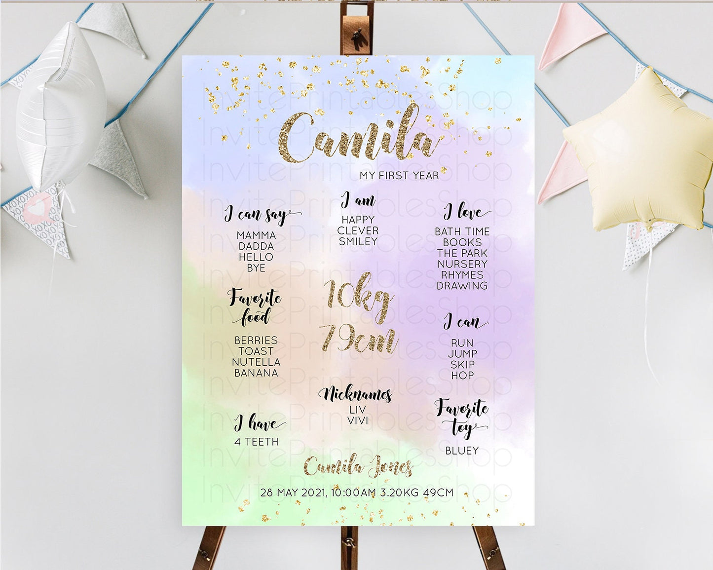 Pastel First Birthday Milestone Board Pastel Rainbow Milestone Poster Colorful Confetti Watercolor Glitter 1st Birthday Welcome Sign D10372
