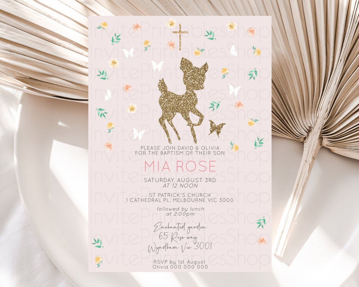 Fawn Baptism Invitation Deer Baptism 1st Birthday Invitation Enchanted Forest Christening Invitation Pastel Garden Butterfly Floral D10386