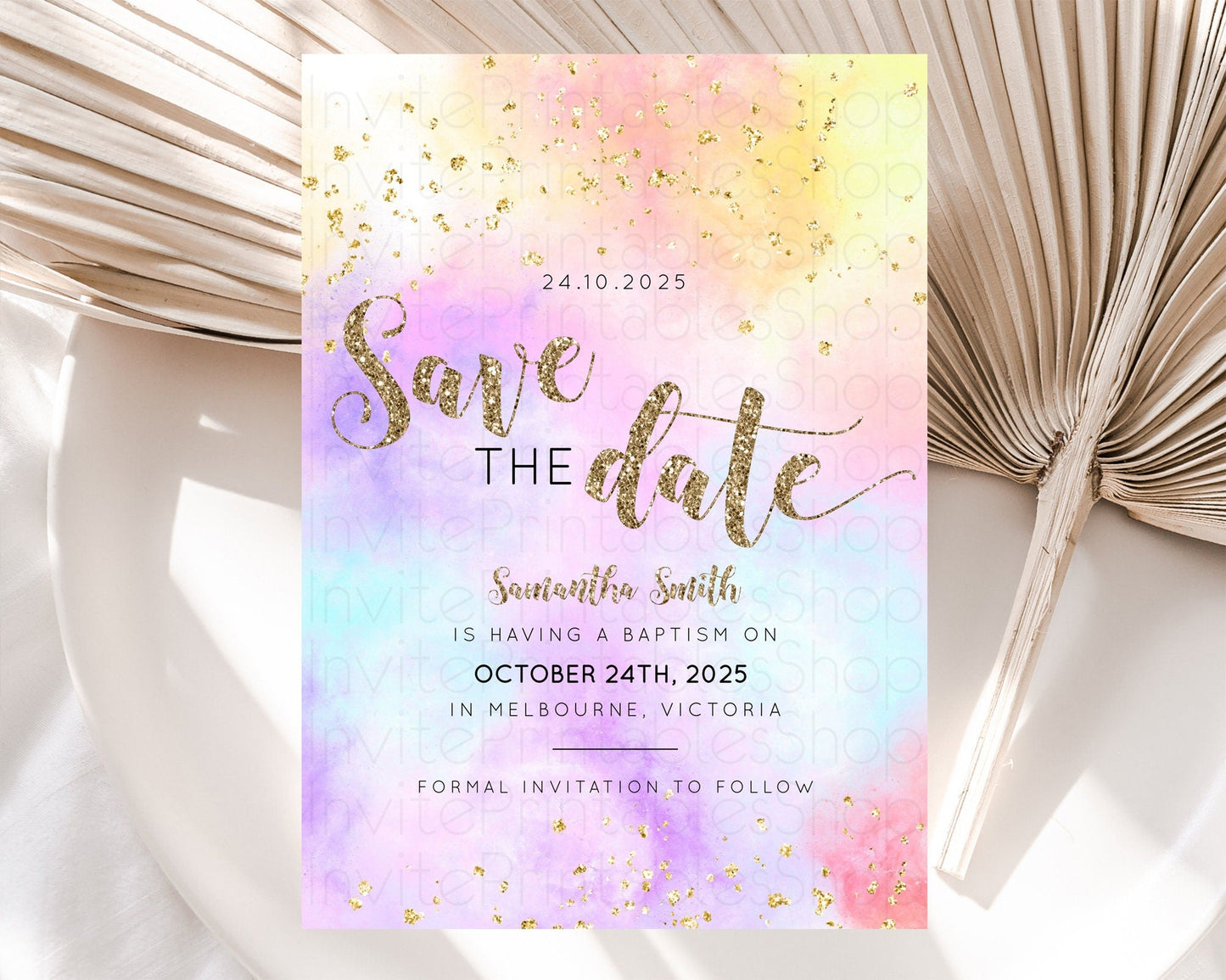 Pastel Save The Date Template Pastel Ombre Rainbow Watercolor Colorful Party For Birthday Baptism Baby Shower Wedding Bridal Shower D10435
