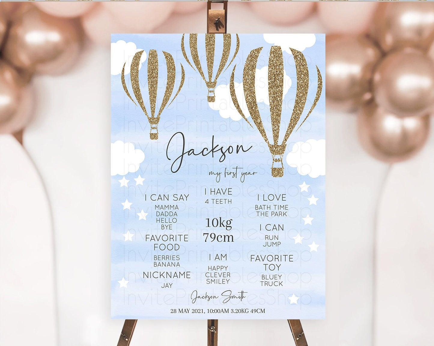 Hot Air Balloon First Birthday Milestone Poster Hot Air Balloon Milestone Board Adventure Awaits Blue Watercolor 1st Birthday Boy D10333