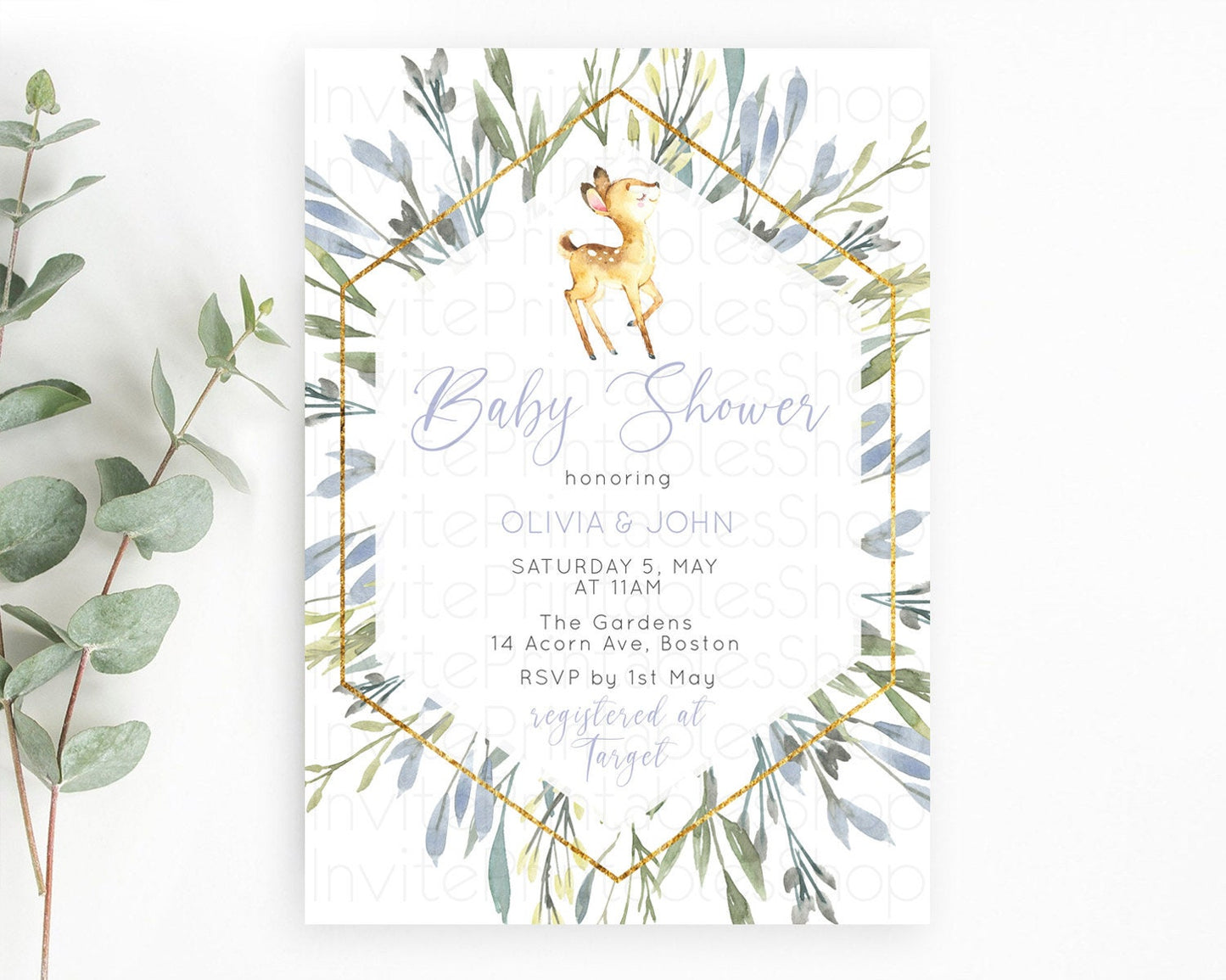 Fawn Baby Shower Invitation, Forest Deer, Pastel Greenery, Whimsical Theme, Rustic Woodland, Organic Soft Green with Gold Accents D10400
