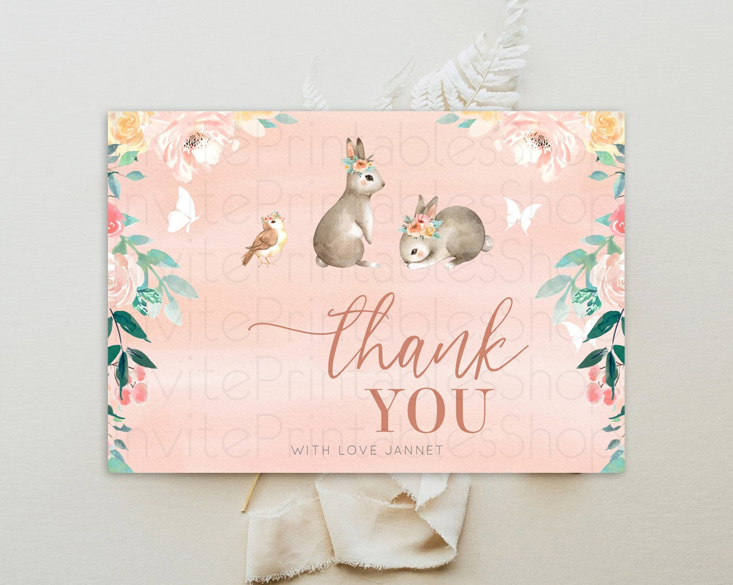 Bunny Thank You Floral Bunny Thank You Card Pastel Flowers Bunny Birthday Thank You Card Secret Garden Bunny Teacher Thank You Cards D10922