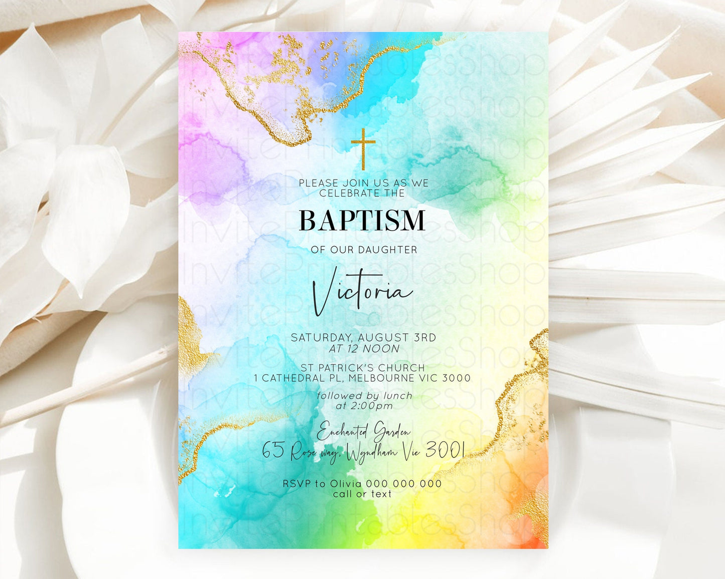 Pastel Baptism Invitation Pastel Colors Watercolor Baptism 1st Birthday Party Gold Ombre Pastel Rainbow Christening Holy Communion D10393