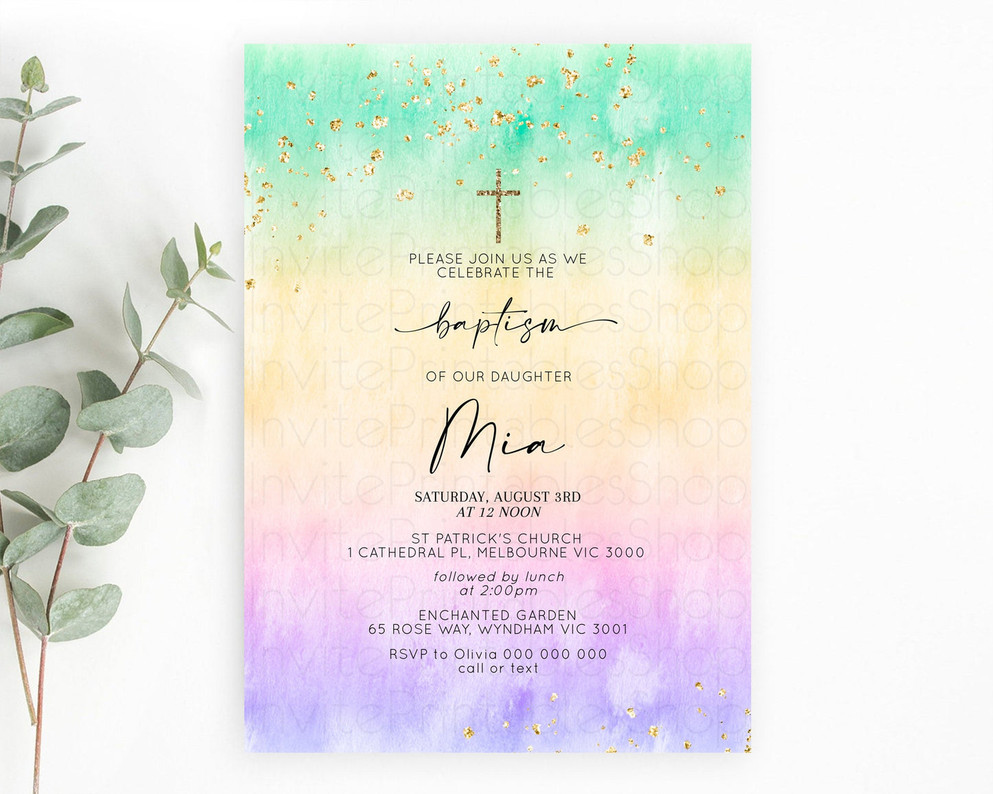 Pastel Baptism Invitation Pastel Colors Watercolor Baptism 1st Birthday Party Gold Ombre Pastel Rainbow Christening Holy Communion D10481