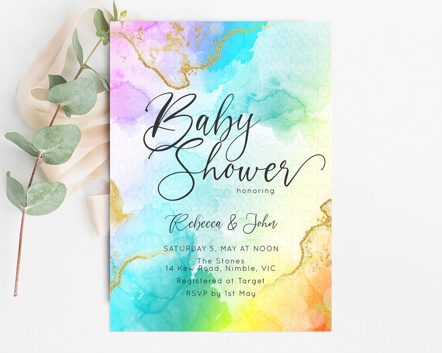 Rainbow Baby Shower Invitation Gold Glitter Splash Ink Pastel Watercolor Colorful Blue Pink Purple Yellow Gender Neutral Editable D10390