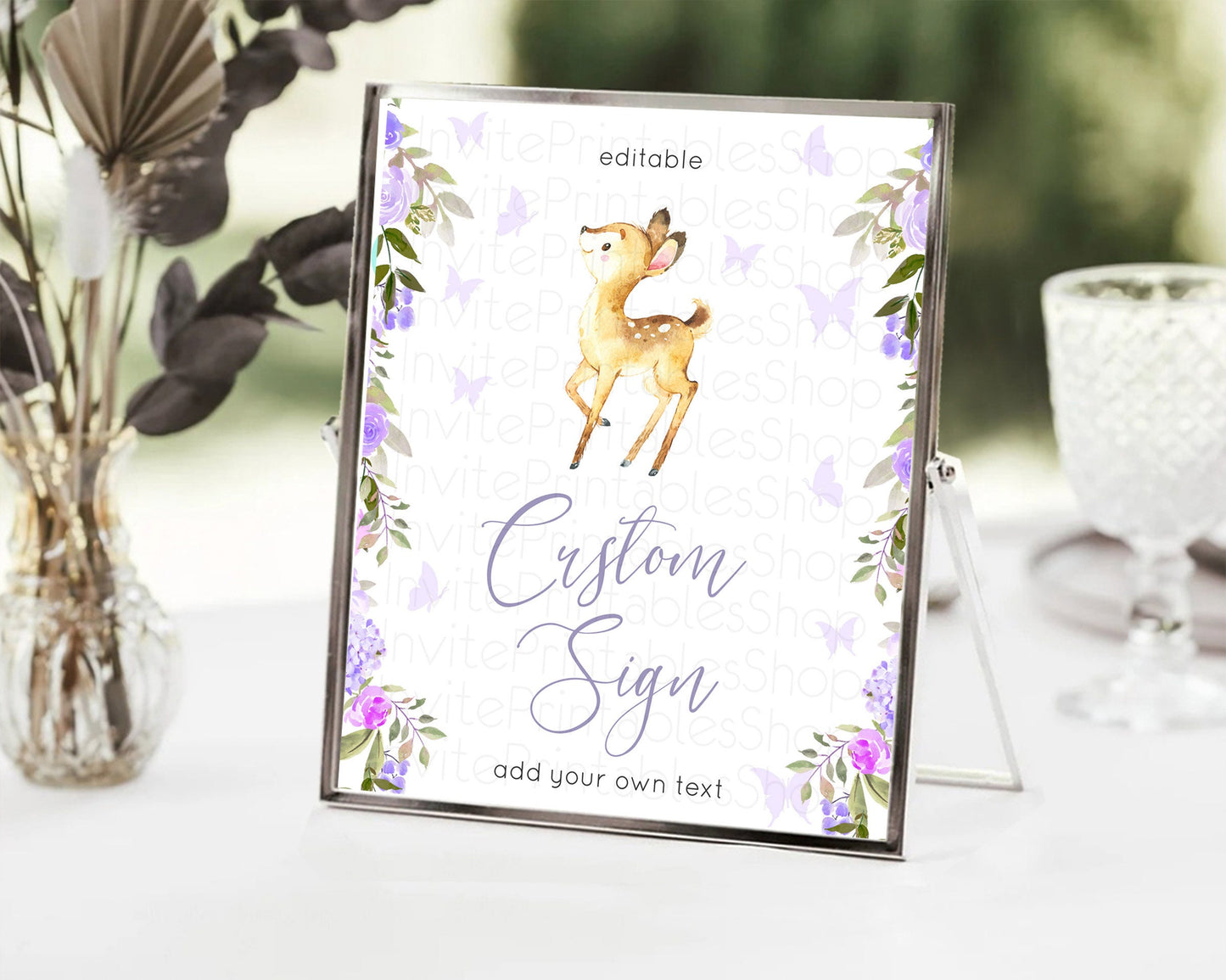 Fawn Deer Sign Pastel Floral Deer Table Sign Decor  Enchanted Forest Butterfly Party 1st Birthday Baptism Baby Shower Bridal Shower D10916