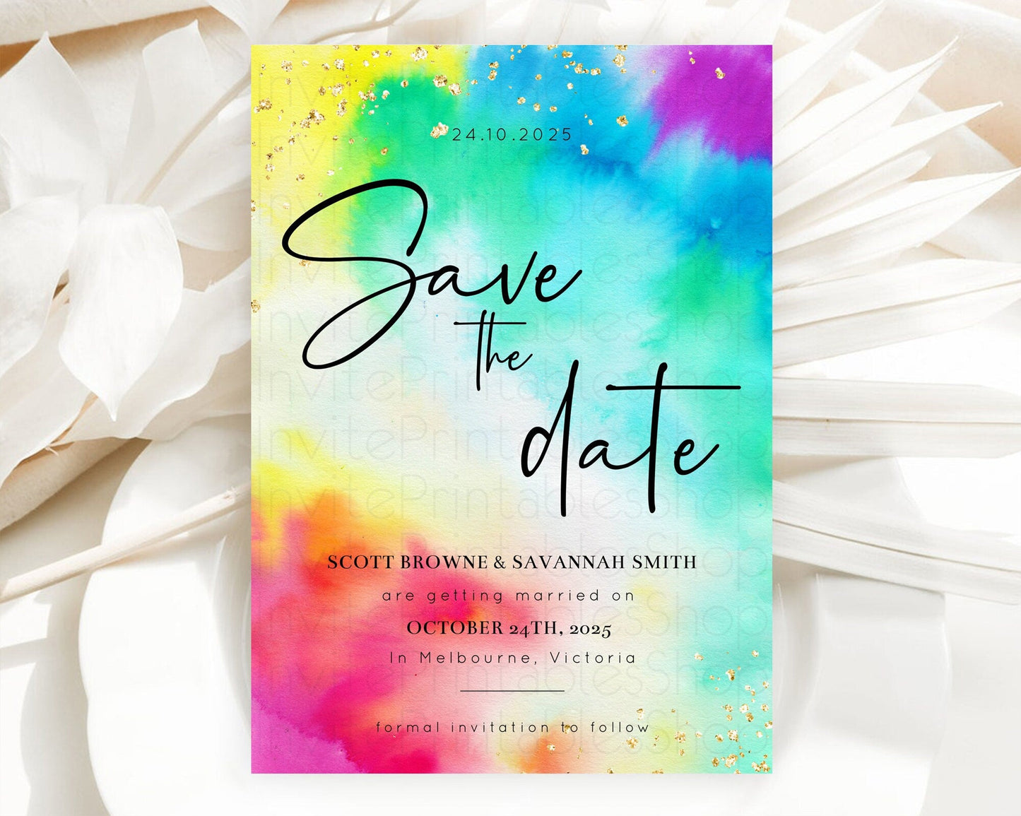 Tie Dye Save The Date Template Rainbow Pastel Ombre Watercolor Party For 1st Birthday Baptism Baby Shower Bridal Shower Wedding D10462