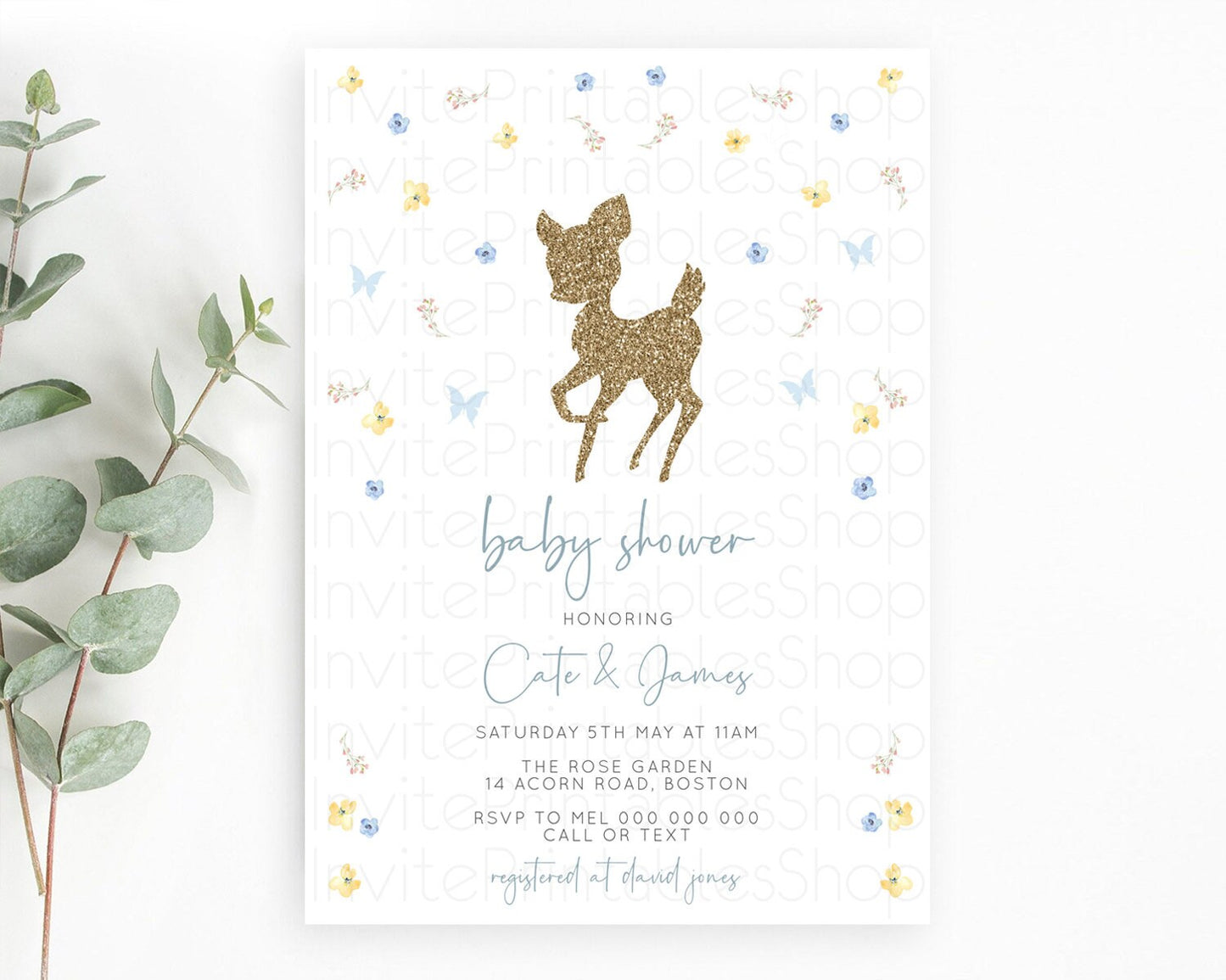 Fawn Baby Shower Invitation Deer Baby Shower Invites Enchanted Forest Theme Butterfly Pastel Flowers Whimsical Baby Shower D10360