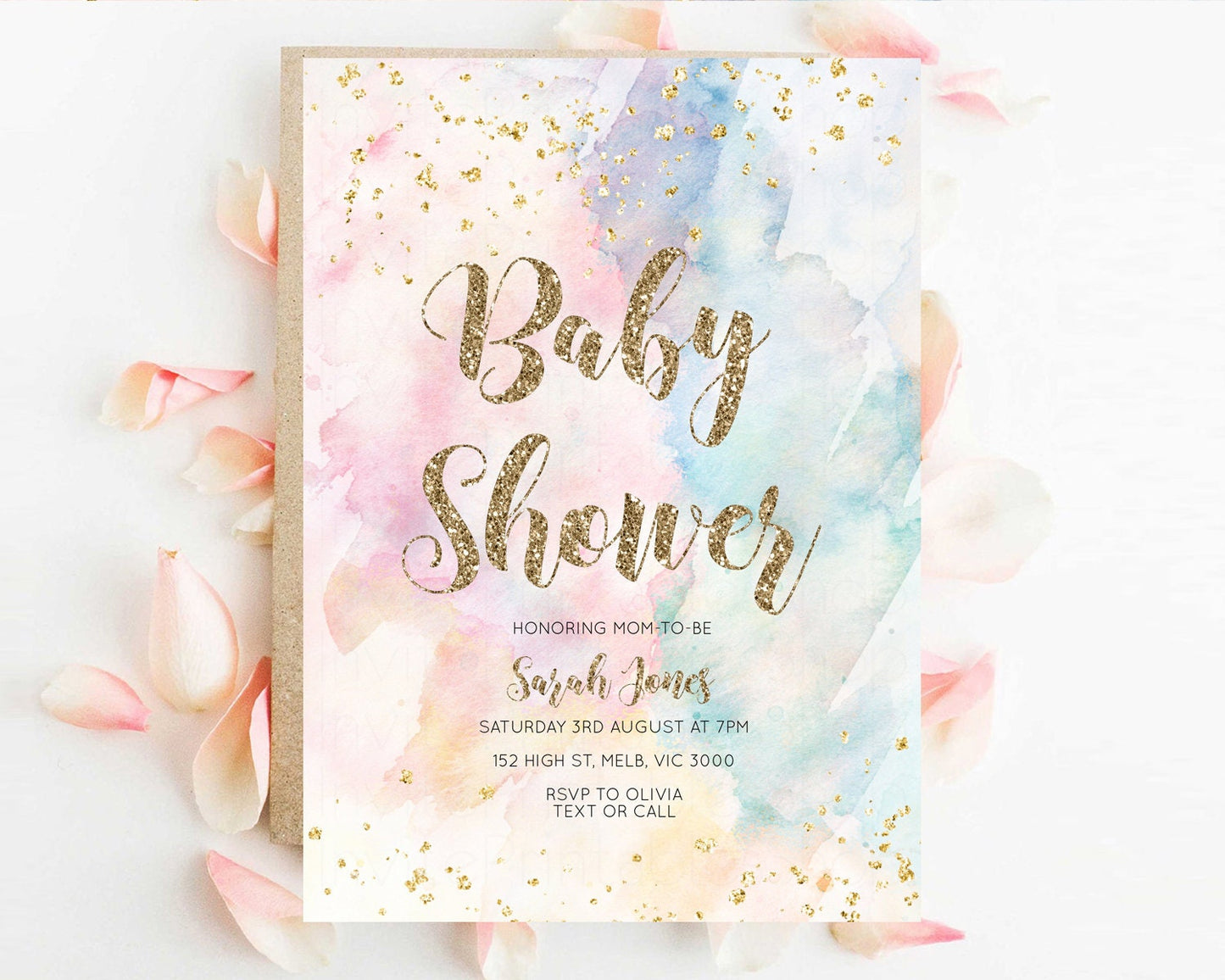 Rainbow Baby Shower Invitation Pastel Baby Shower Invitation Watercolor Ombre Invitation Rainbow Pastel Colors Invite Glitter Confetti 276