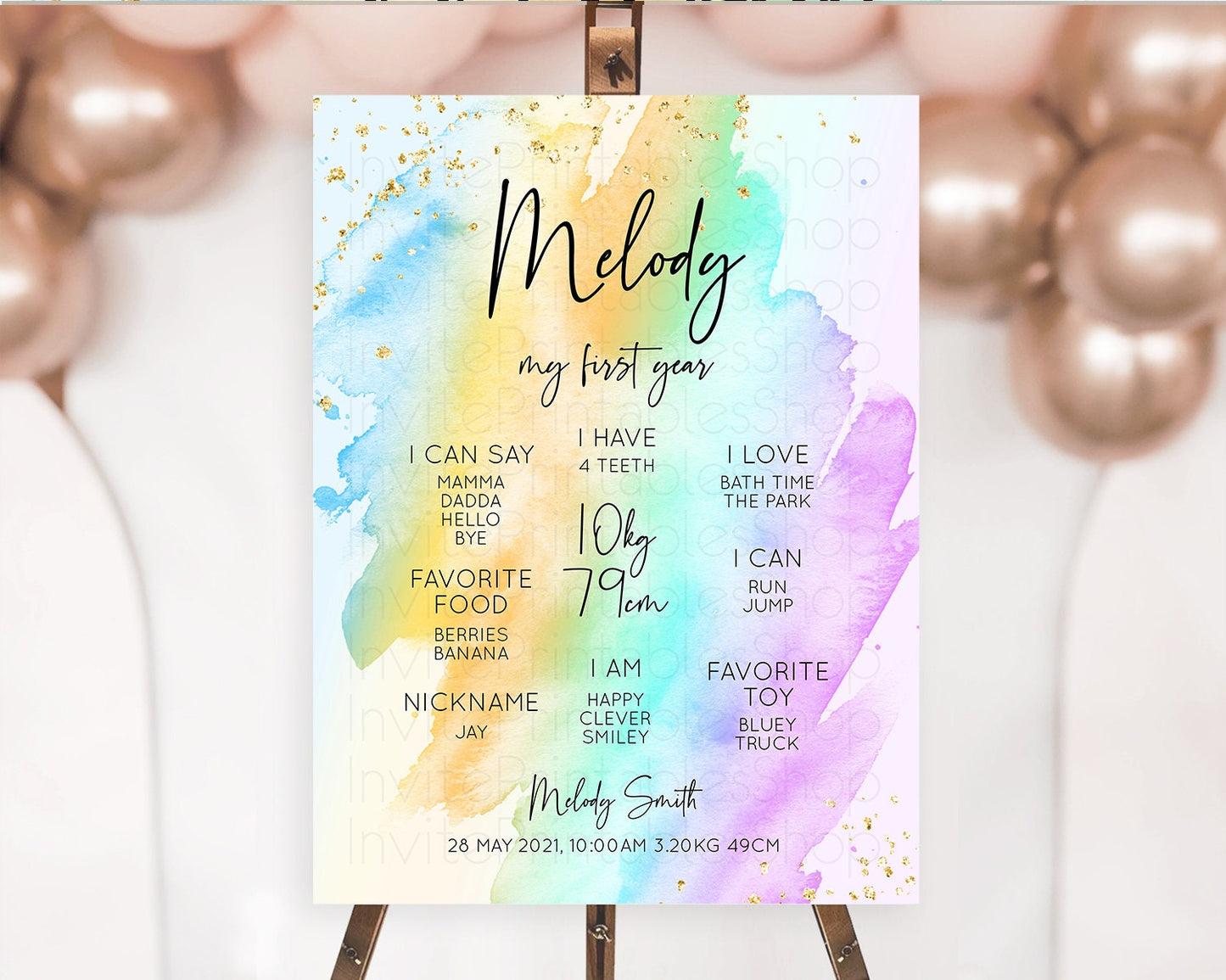Pastel First Birthday Milestone Board Pastel Rainbow Milestone Poster Colorful Confetti Watercolor Glitter 1st Birthday Welcome Sign D10425