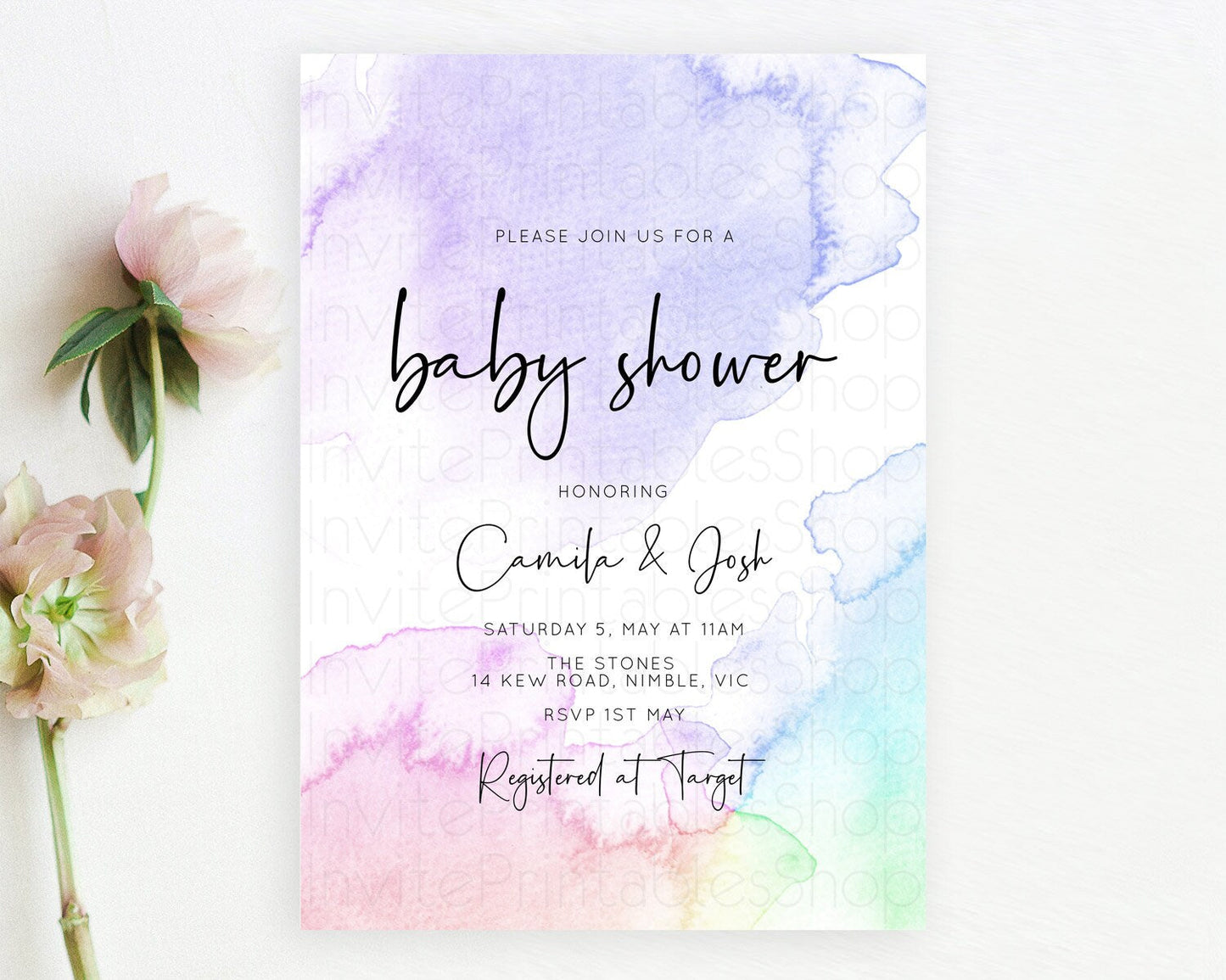 Pastel Baby Shower Invitation Rainbow Baby Shower Invitation Colorful Pastel Watercolor Invitation Gold Glitter Sprinkles Ombre D10215