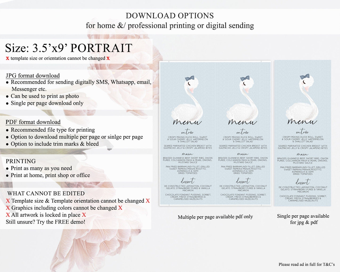 Swan Menu Swan Princess Ballet Menu Template Enchanted Swan Lake Table Decor Secret Garden Pastel Floral Dinner Dessert Food Menu D10760