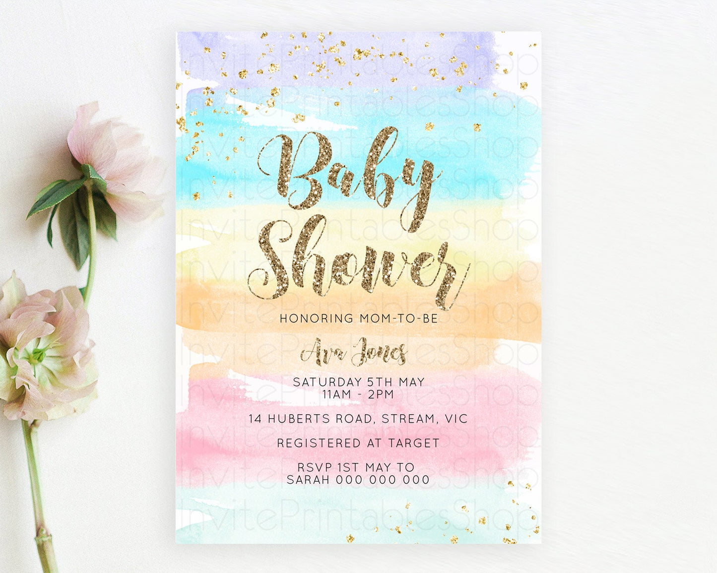 Pastel Baby Shower Invitation Rainbow Baby Shower Invitation Colorful Pastel Watercolor Invitation Gold Glitter Sprinkles Ombre D10508