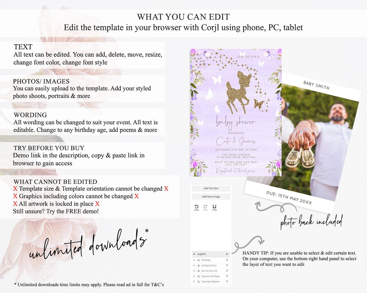 Fawn Baby Shower Invitation Deer Baby Shower Invites Enchanted Forest Theme Butterfly Pastel Flowers Whimsical Baby Shower D10963